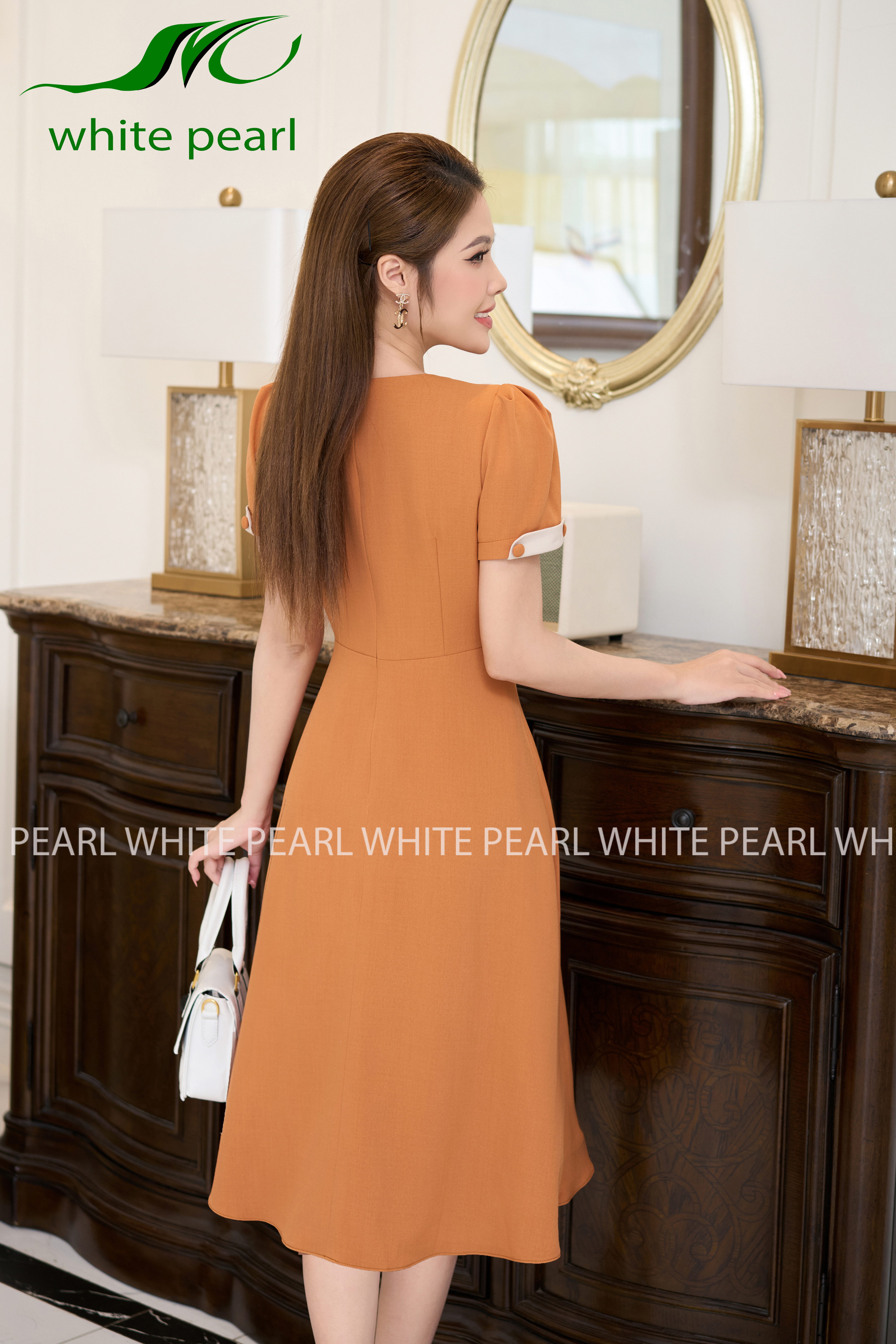 Đầm xòe liền cổ sao D2405 màu cam thời trang công sở cao cấp White Pearl_thumbnail_5