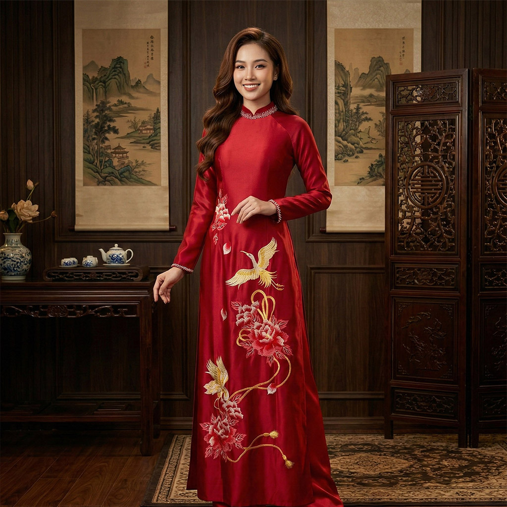 Áo Dài Mẹ Cô Dâu Chú Rể Đỏ Ruby Thêu Hạc Hoa Sang Trọng AM26-08