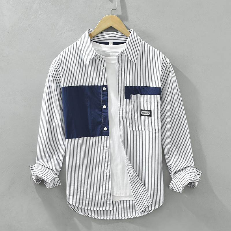 Áo sơ mi dài tay sọc phong cách Nhật Bản nam dáng rộng thời trang Hồng Kông – Chất liệu cotton thoáng khí