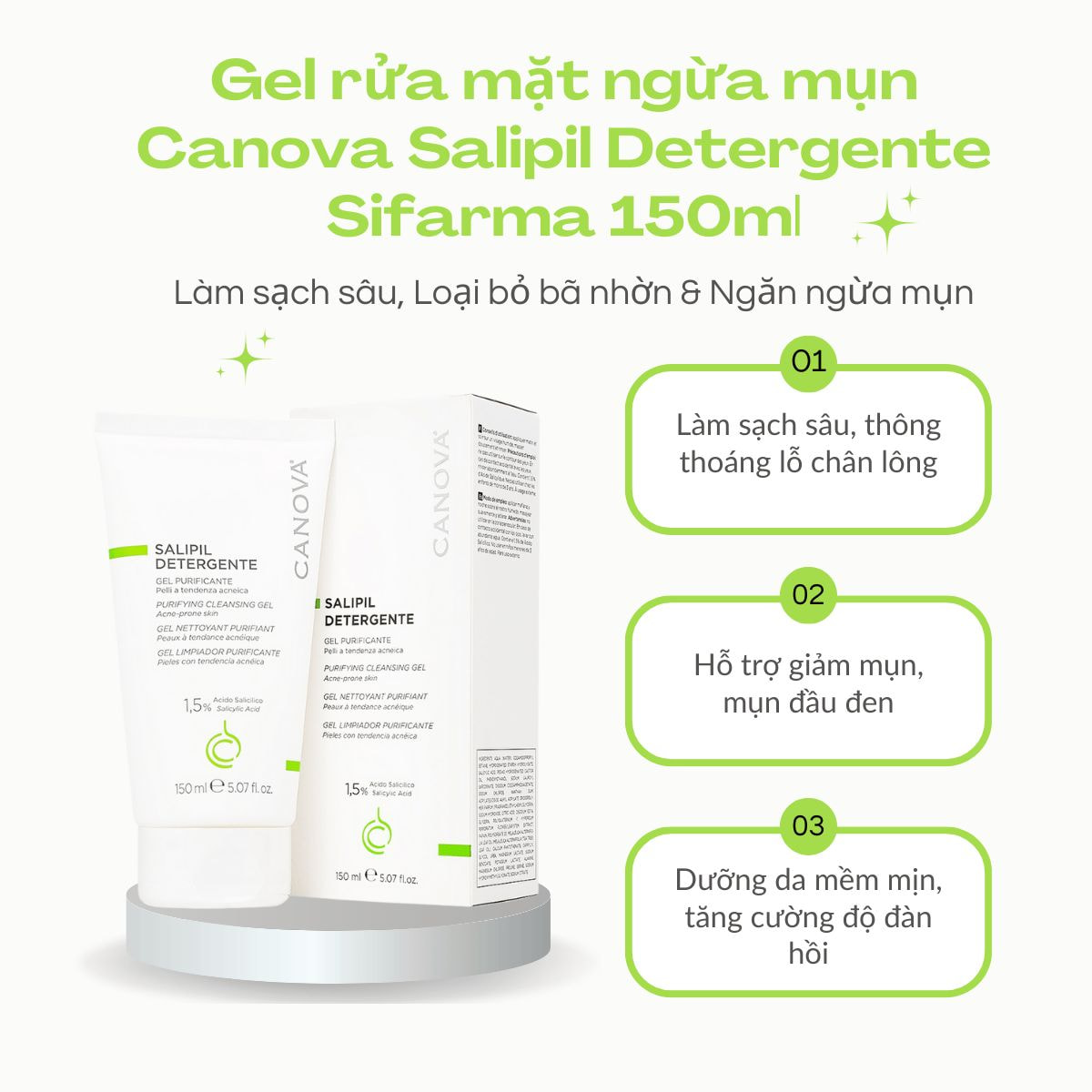 Gel rửa mặt ngừa mụn Canova Salipil Detergente Sifarma 150ml – làm sạch sâu, loại bỏ bã nhờn, ngăn ngừa mụn và hỗ trợ giảm viêm hiệu quả_thumbnail_1