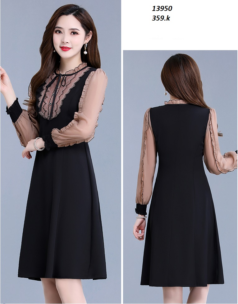 13950-Đầm suông tay lở cổ nhún viền bèo thắt nơ ( thun mịn, tơ nhung)FREESHIP_thumbnail_0