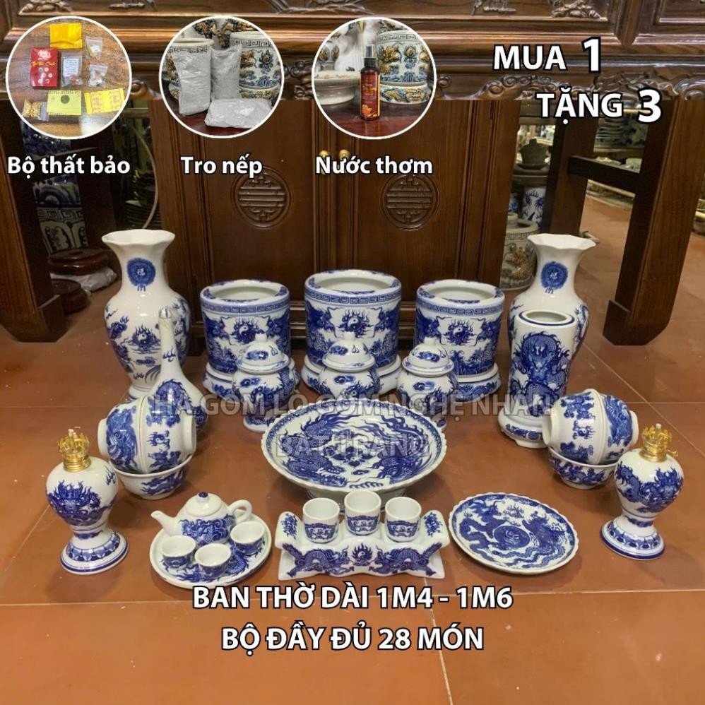 HG356 Đồ Thờ Cúng Bộ 28 món ban thờ 1M4 - 1M6 men lam nghệ nhân Bát Tràng chế tác TẶNG Thất Bảo, Tro Nếp