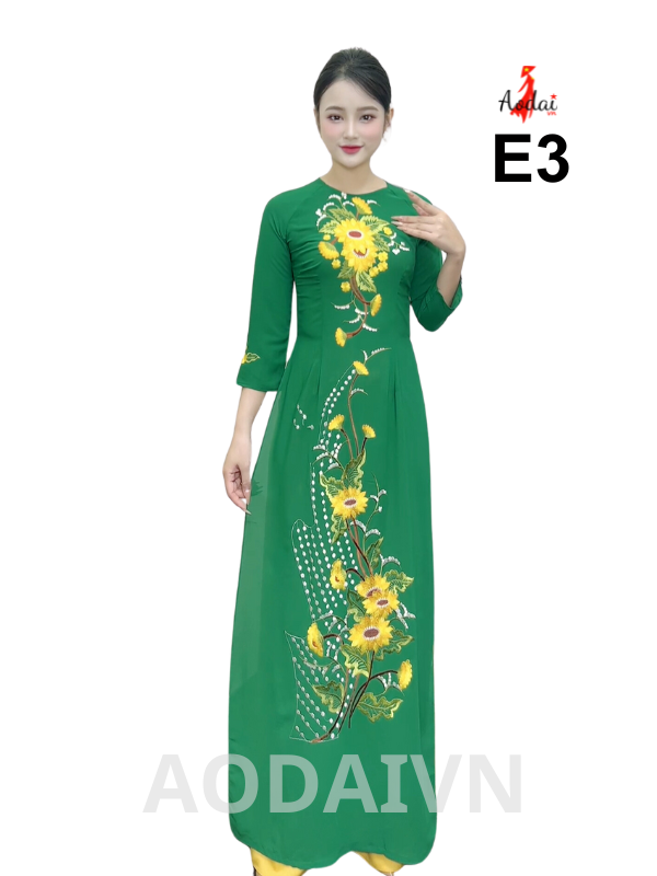 Áo dài thêu E3 màu xanh két cổ tròn tay lỡ thêu hoa Hướng dương vàng