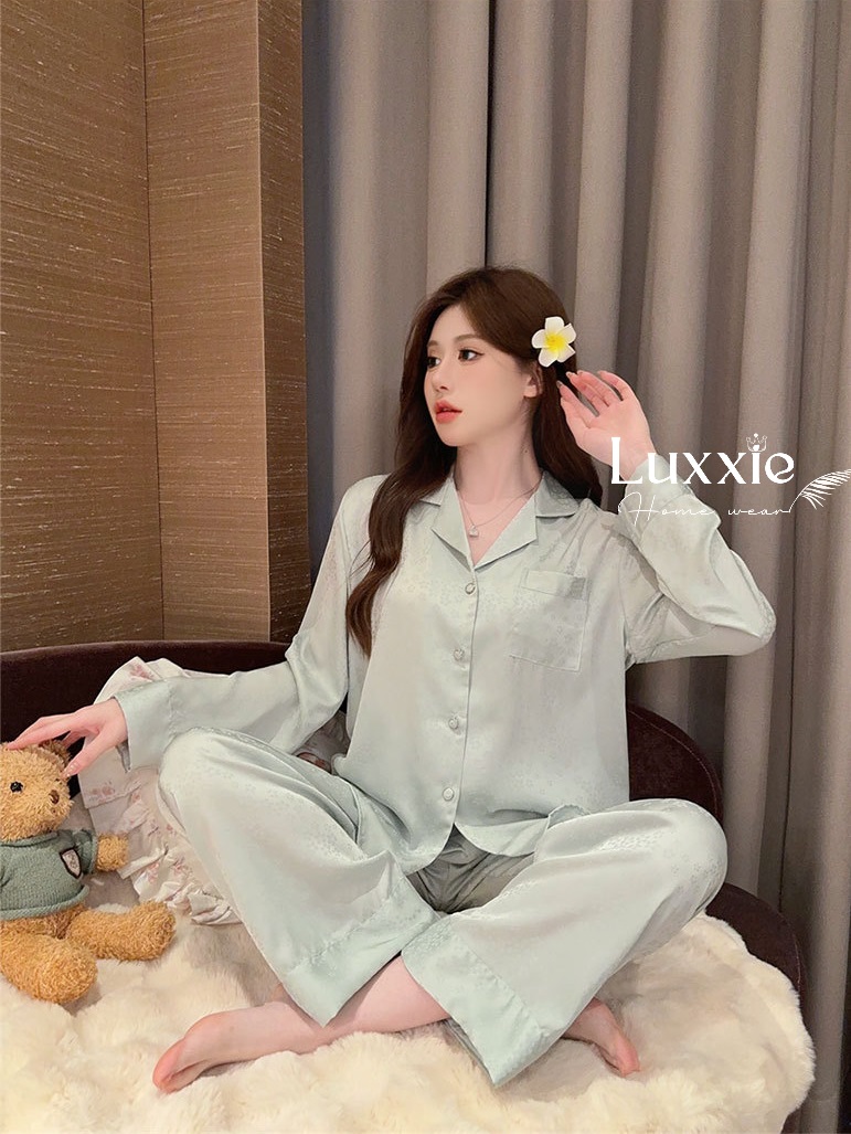LEDAI04 Pijama lụa xanh hoa nhí