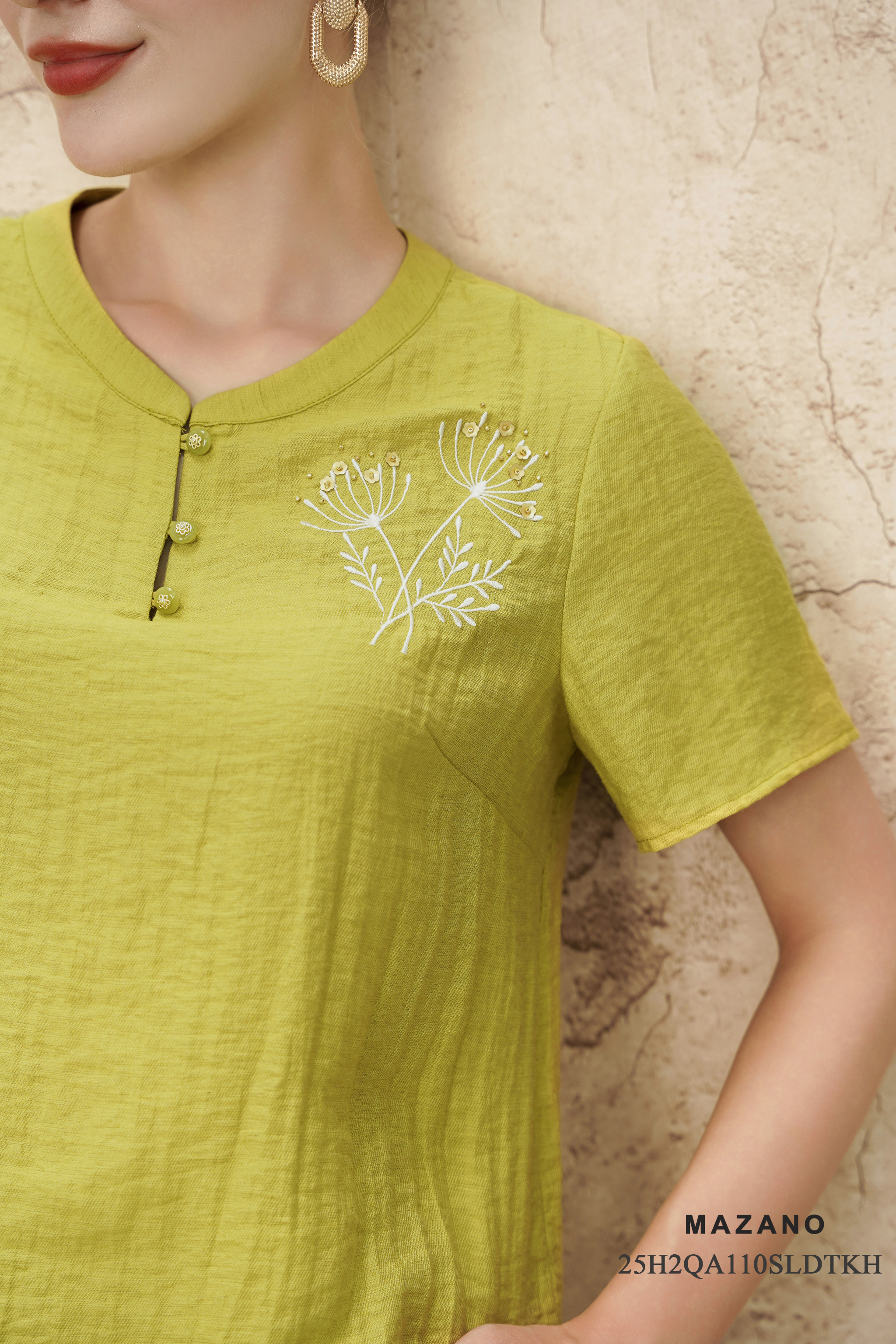 Bộ Quần và Áo suông Vải linen lụa Thêu đính thủ công Cổ tàu cách điệu Tay ngăn Dài quần tới mắt cá chân_thumbnail_3