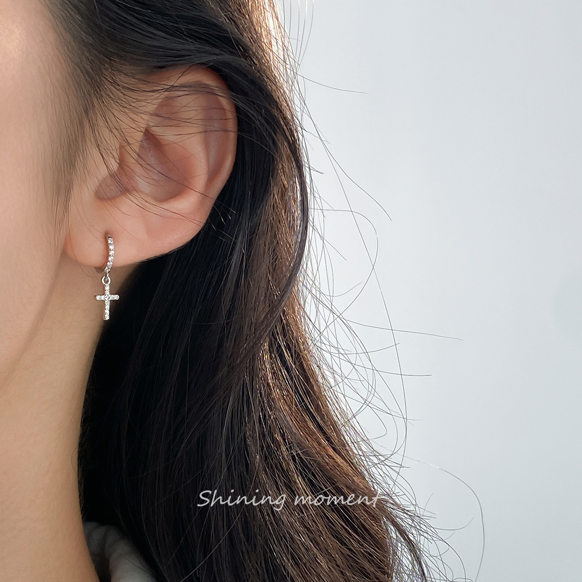 Khuyên tai Thánh Giá bạc unisex tròn trơn có chốt bấm/ trang sức Công Giáo KB04_thumbnail_2