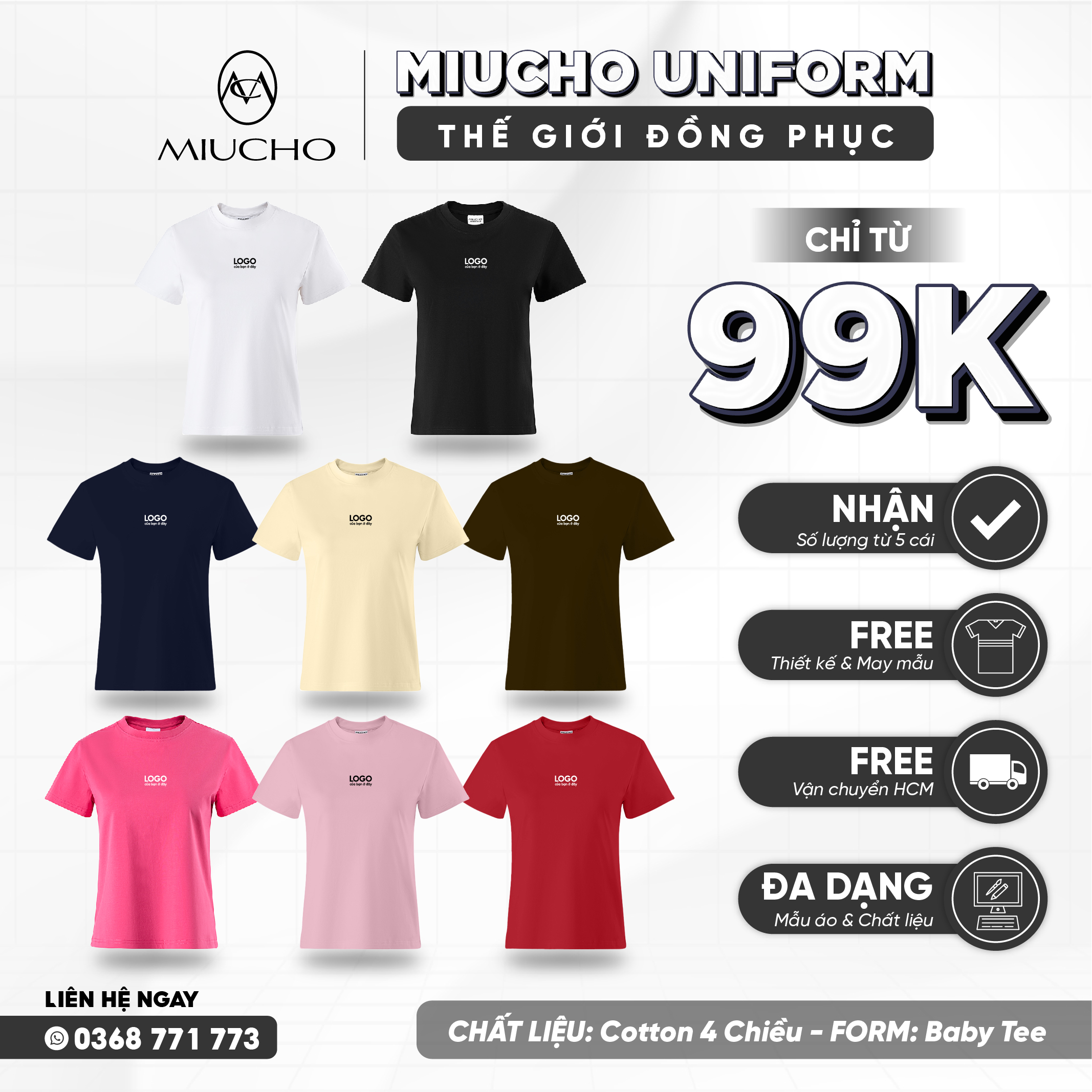 Áo thun baby tee trơn ABT01 Miucho vải cotton cổ tròn in basic