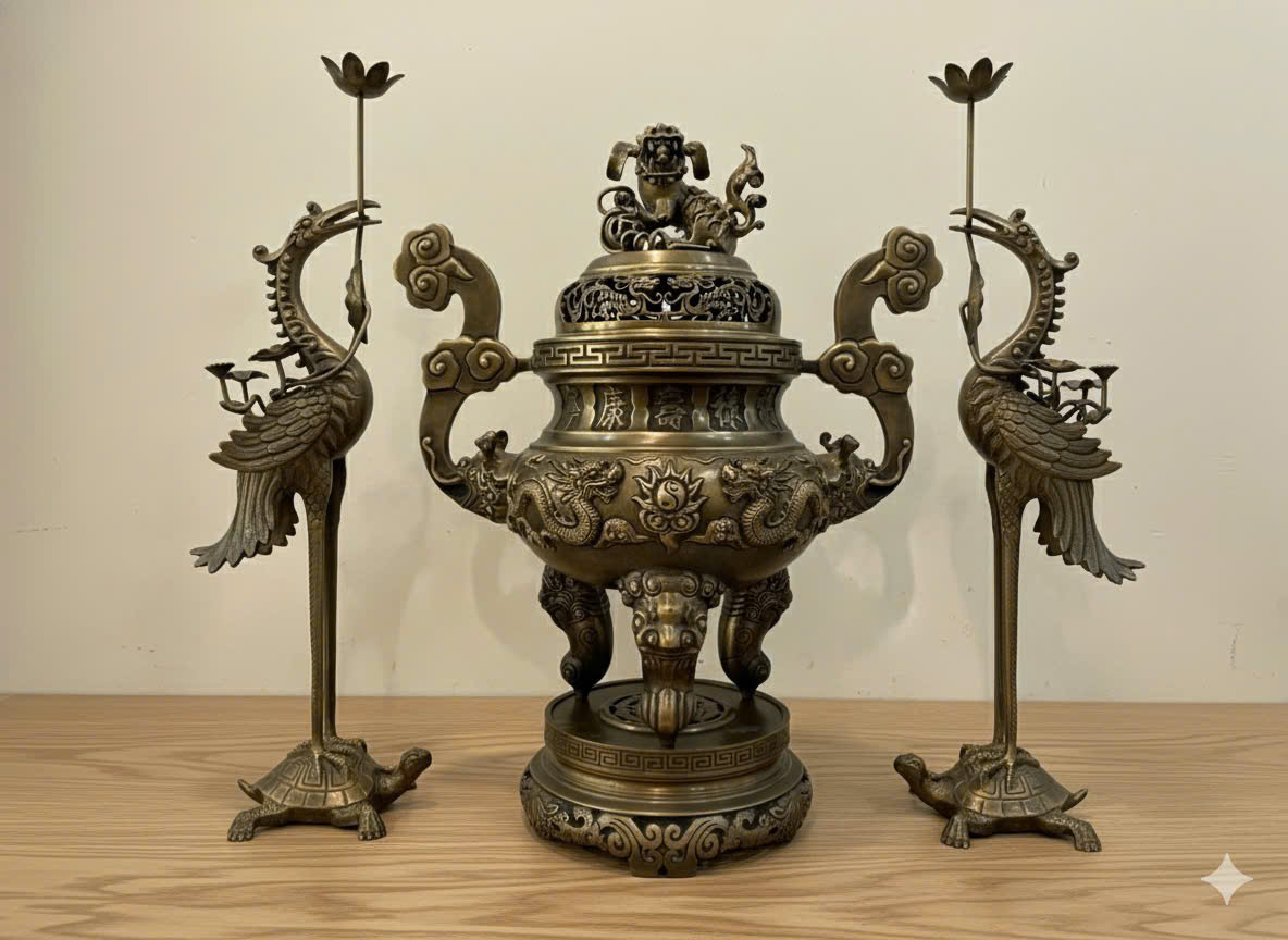 Bộ đỉnh thờ tam sự rồng cao 70cm đúc đồng vàng hun màu giả cổ 