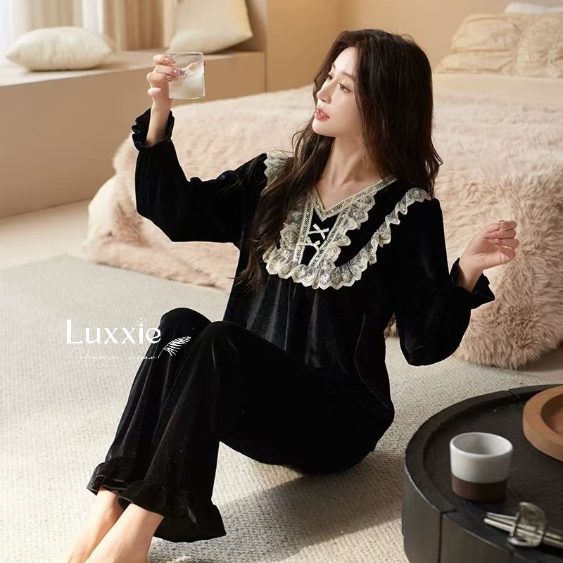 NHUNG34 Bộ ngủ nhung cổ ren trắng đính nơ_thumbnail_3