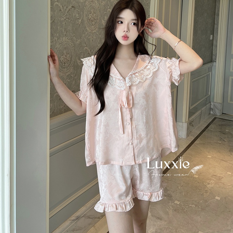 N108C Pijama lụa gấm hoa cổ ren trắng buộc nơ cộc đùi