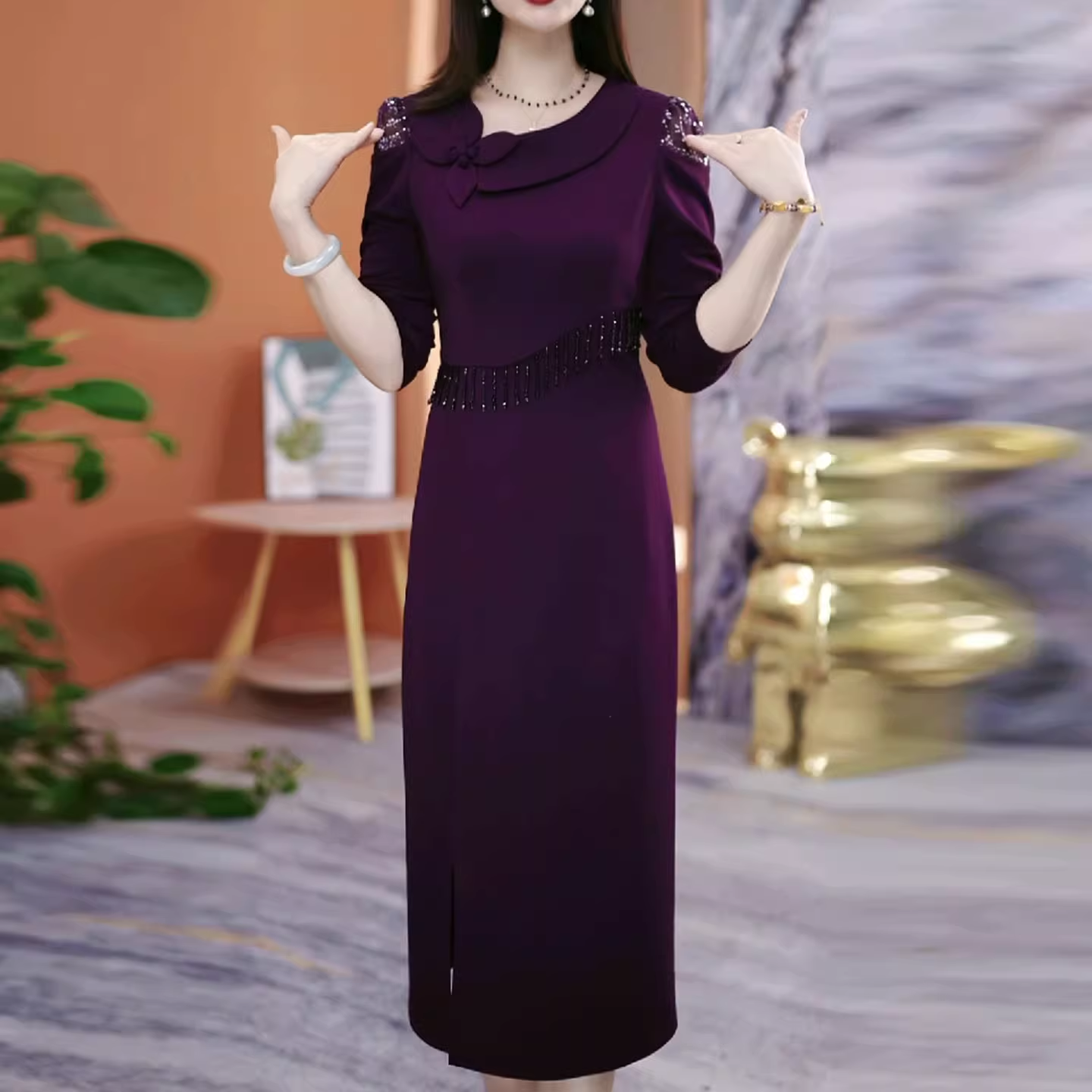 17823-Đầm body suông cổ lệch viền eo tua rua ( thun nhật)_thumbnail_0