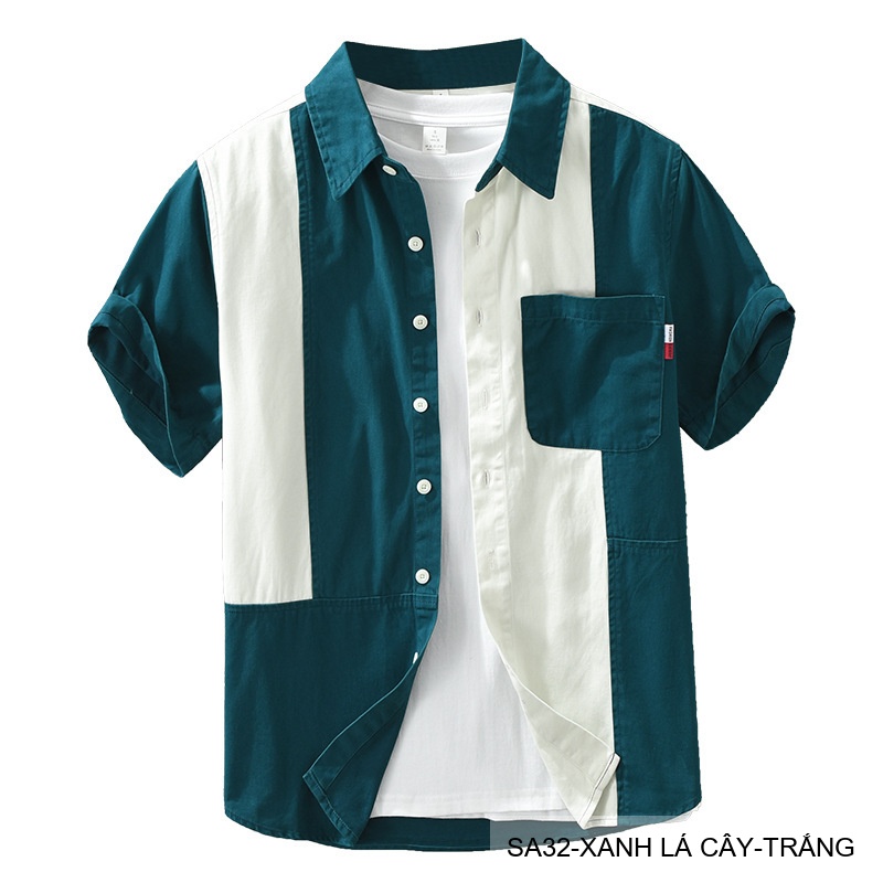 SA32 - Áo sơ mi nam phối màu tay ngắn phong cách Hàn Quốc, chất cotton 100%, dáng lỏng thoải mái_thumbnail_6