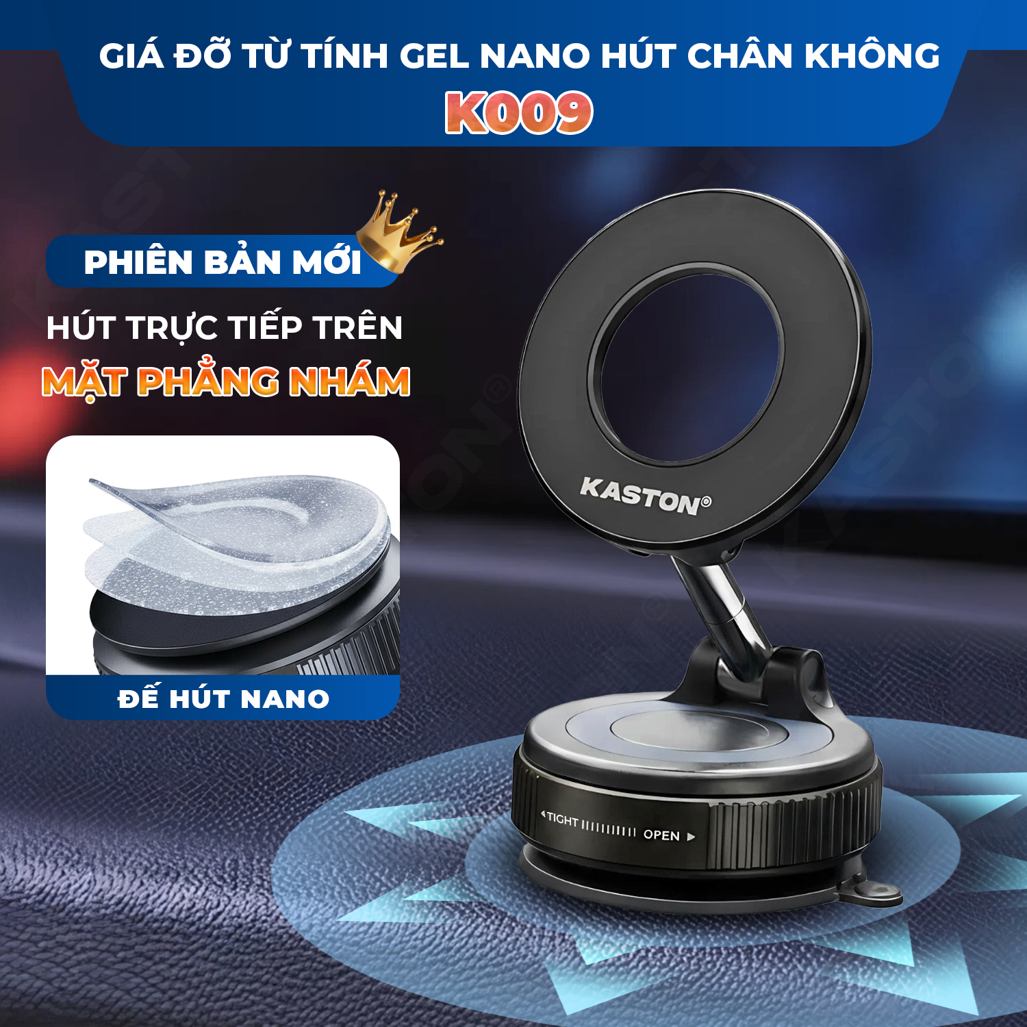 [New] Giá đỡ điện thoại ô tô Kaston - K009 - Keo nano siêu bám - Từ tính hít chân không, xoay 360° gấp gọn đa năng