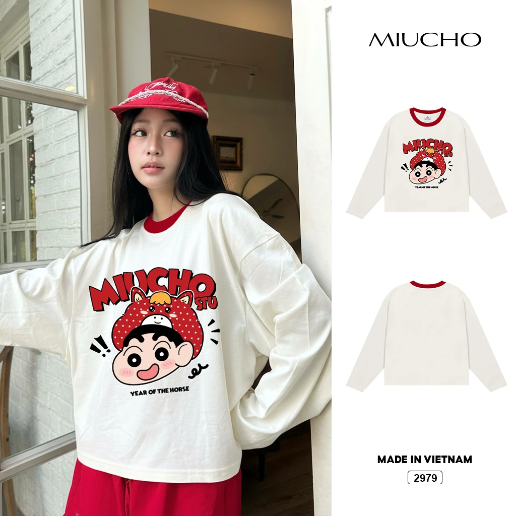 Áo thun boxy tay dài phối cổ be đỏ hoạt hình dễ thương Miucho vải dày dặn thoáng mát 2979