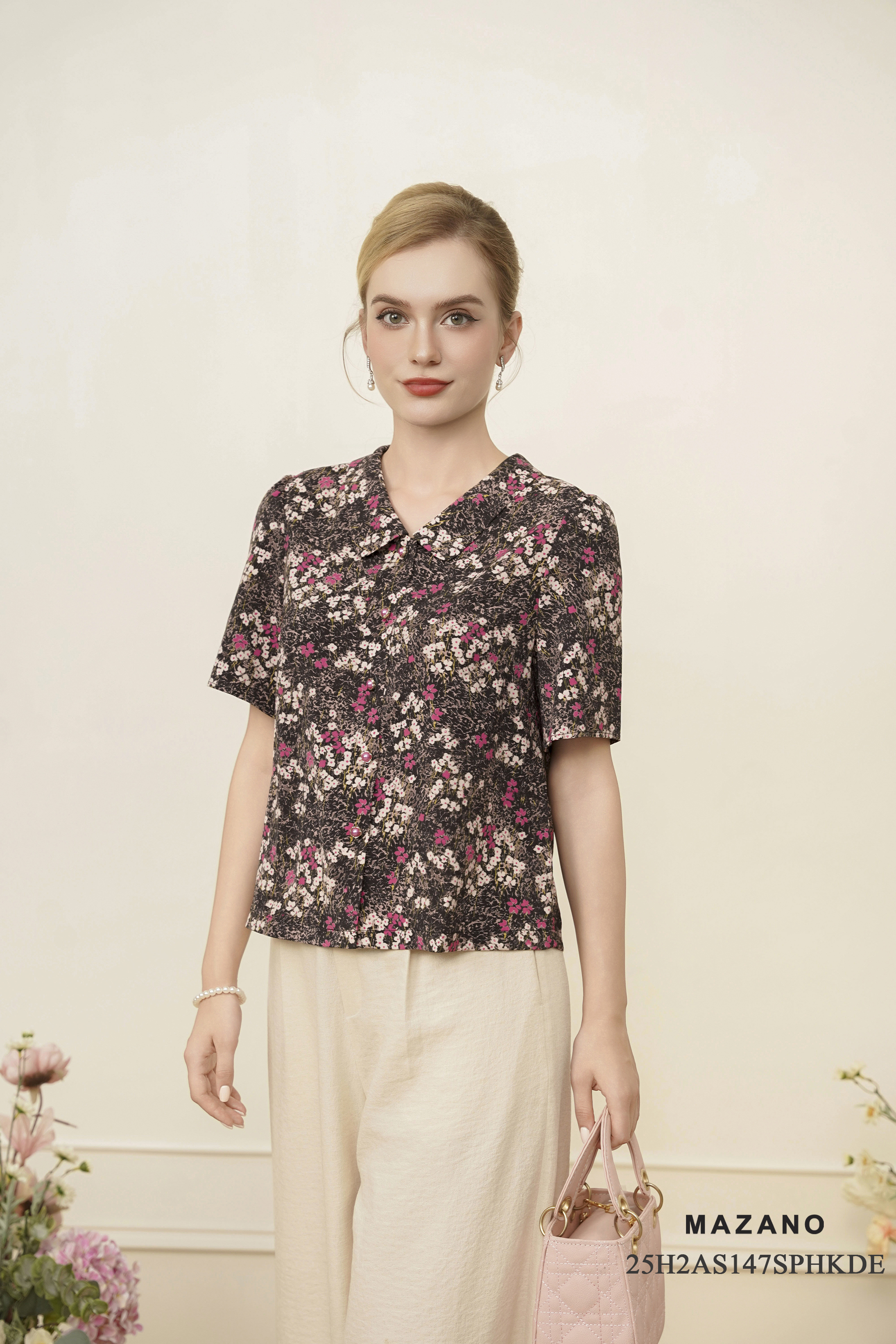 Áo sơ mi suông cài khuy Vải thô mỏng Họa tiết cách điệu Cổ bẻ Tay ngắn Dài áo qua eo