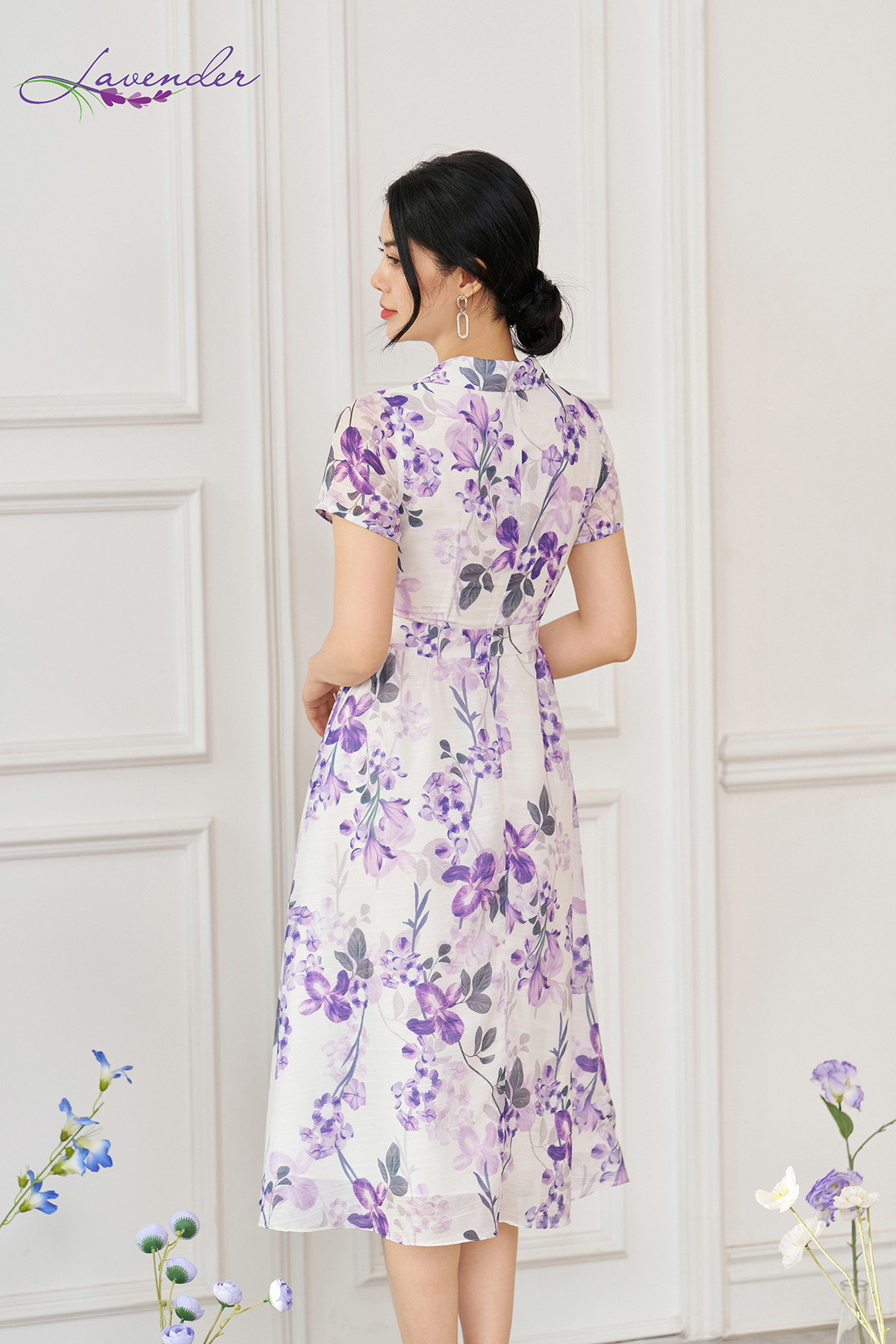 Đầm hoa tím dáng xòe cổ sen tay ngắn D3080_thumbnail_1