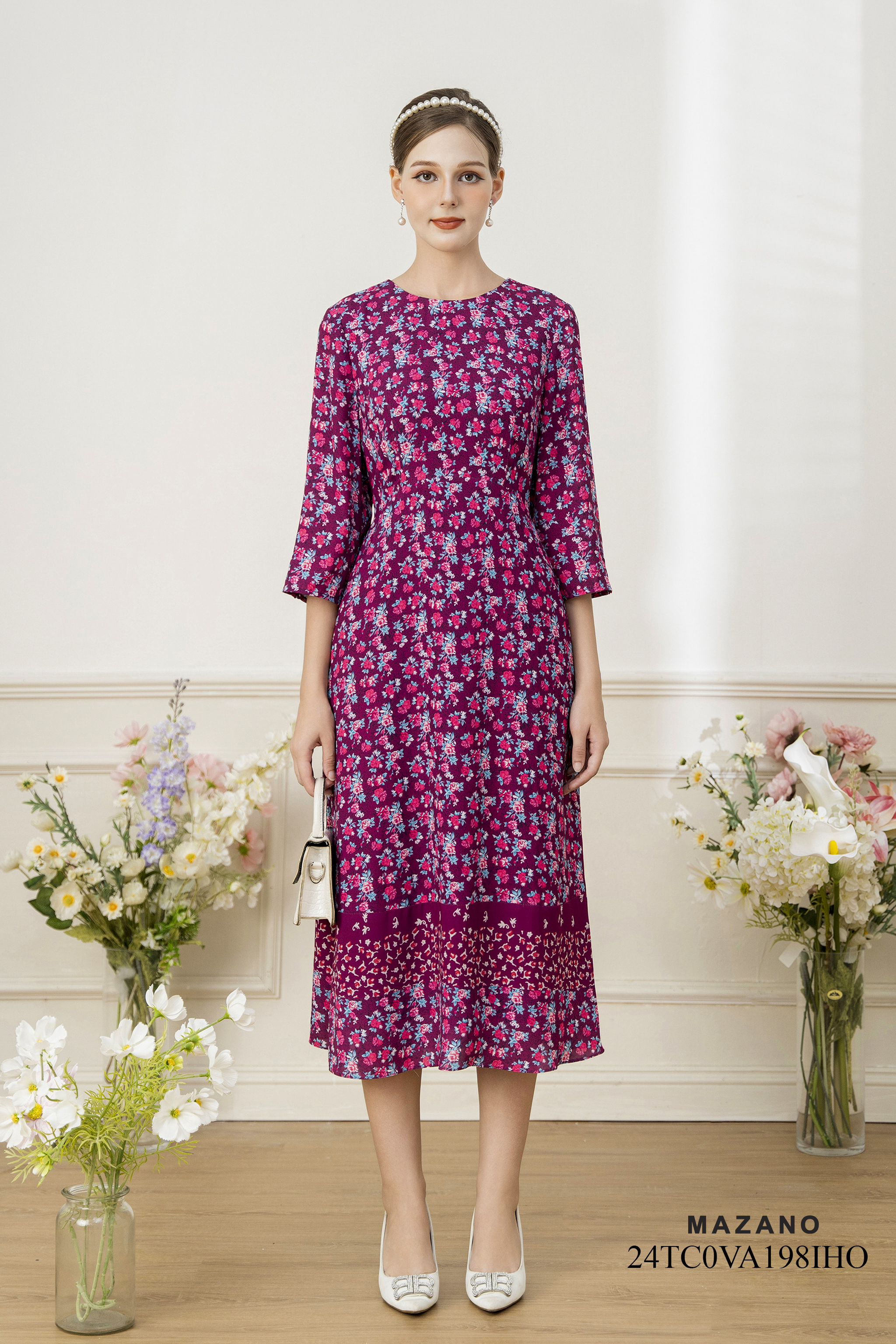 Váy Đầm Ôm Vải chiffon dày Hoạ tiết hoa nhí cách điệu trang trí gấu Cổ tròn Tay lỡ Dài đến bắp chân_thumbnail_0