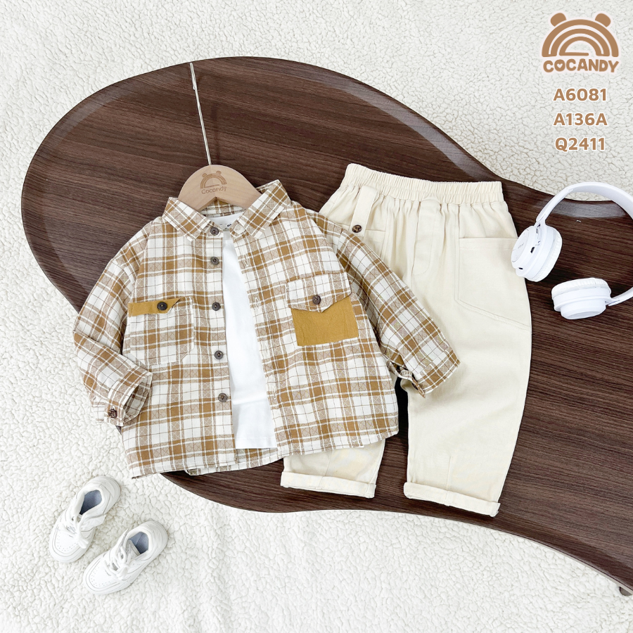 Áo dài caro NÂU 2 túi ngực cúc gỗ_thumbnail_0