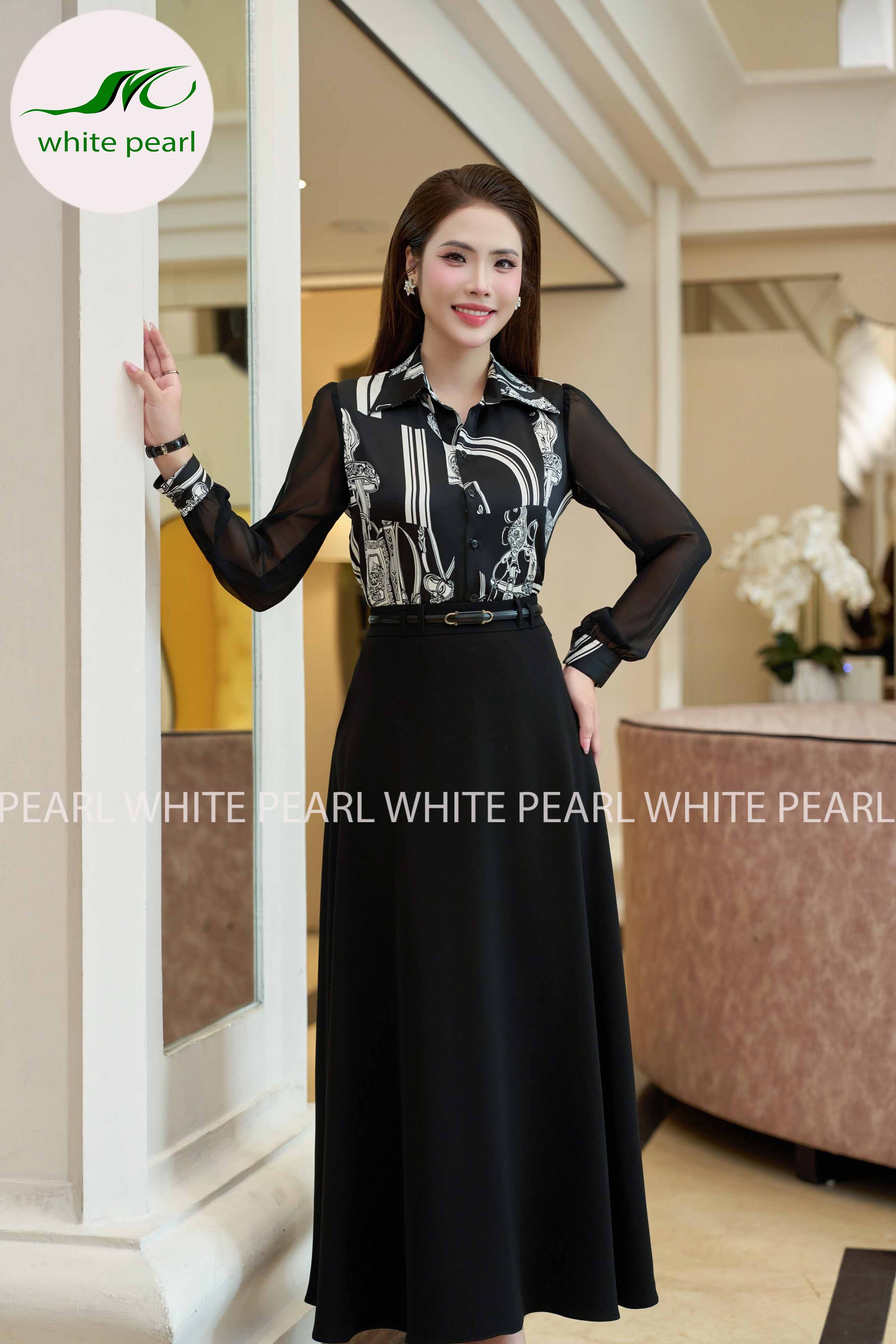Mẫu áo sơ mi A26-26 kết hợp chân váy CVTT26-09 Chân váy xoè thời trang công sở cao cấp White Pearl