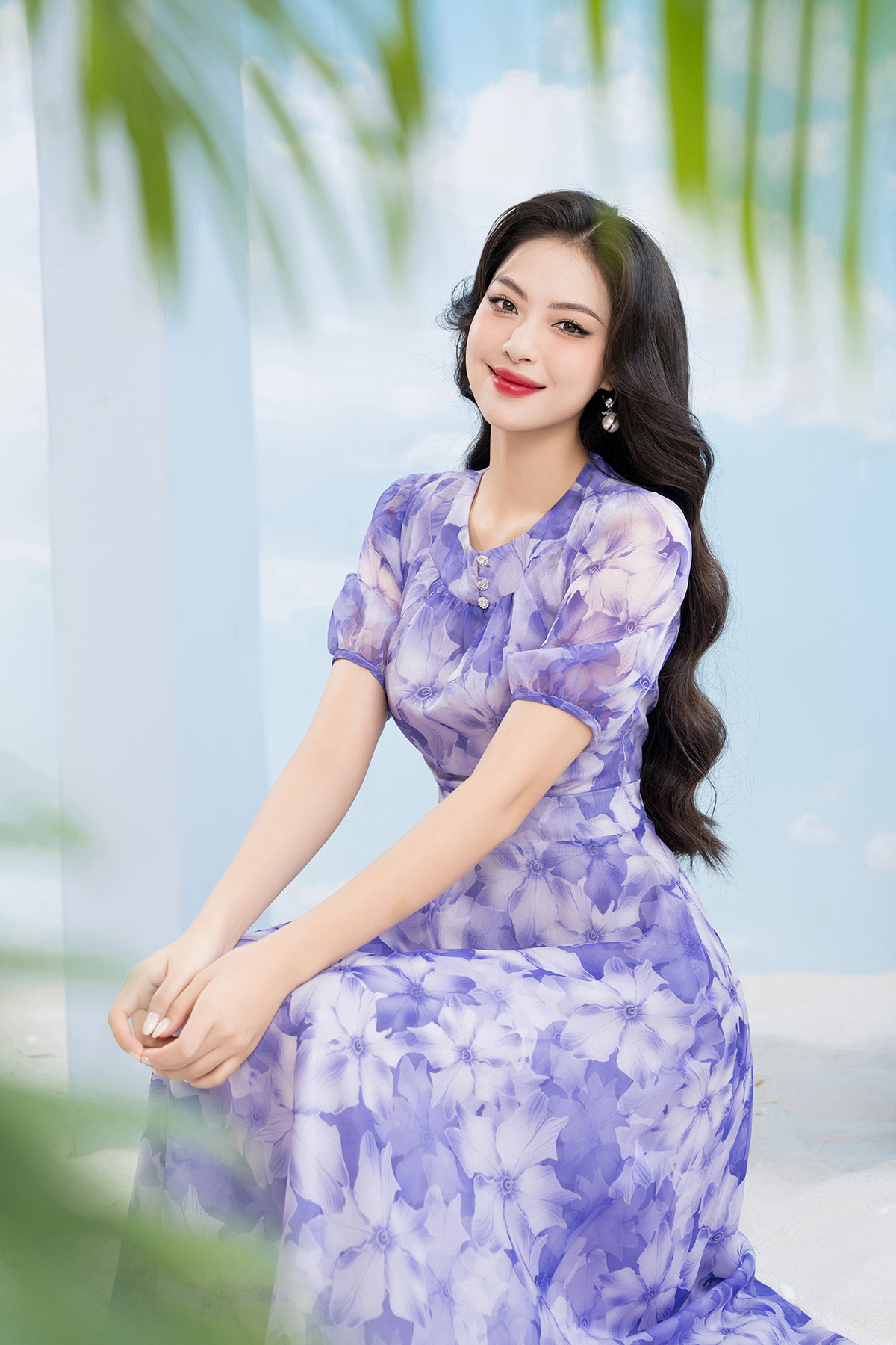 Đầm xòe hoa voan tím Thời trang Lavender tay ngắn cổ tròn cúc ngọc D2826_thumbnail_4