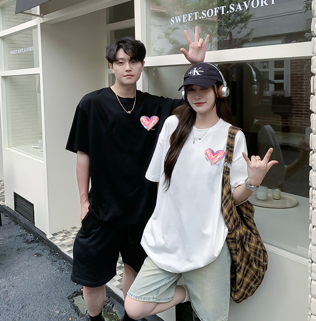 Áo thun cặp đôi in trái tim nhỏ dễ thương form rộng ATD1514 Miucho vải cotton thoáng mát cổ tròn in mix_thumbnail_3