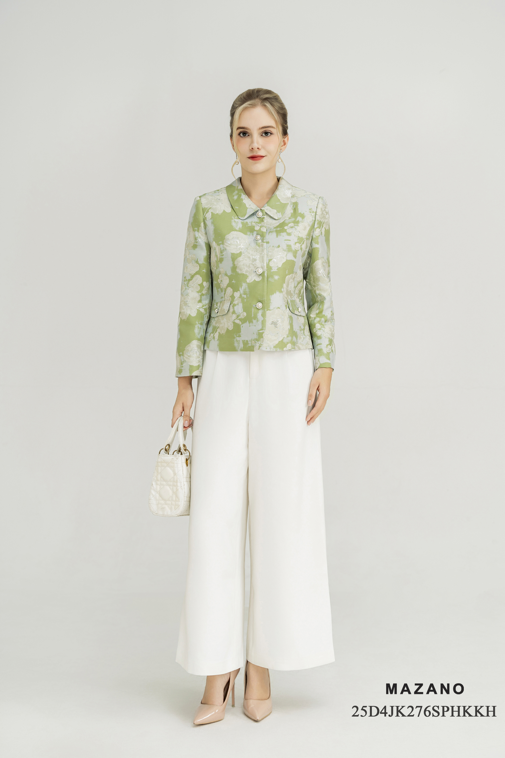 Áo khoác ngắn Suông Vải tafta gấm Họa tiết hoa cách điệu Cổ bẻ Dài dưới eo