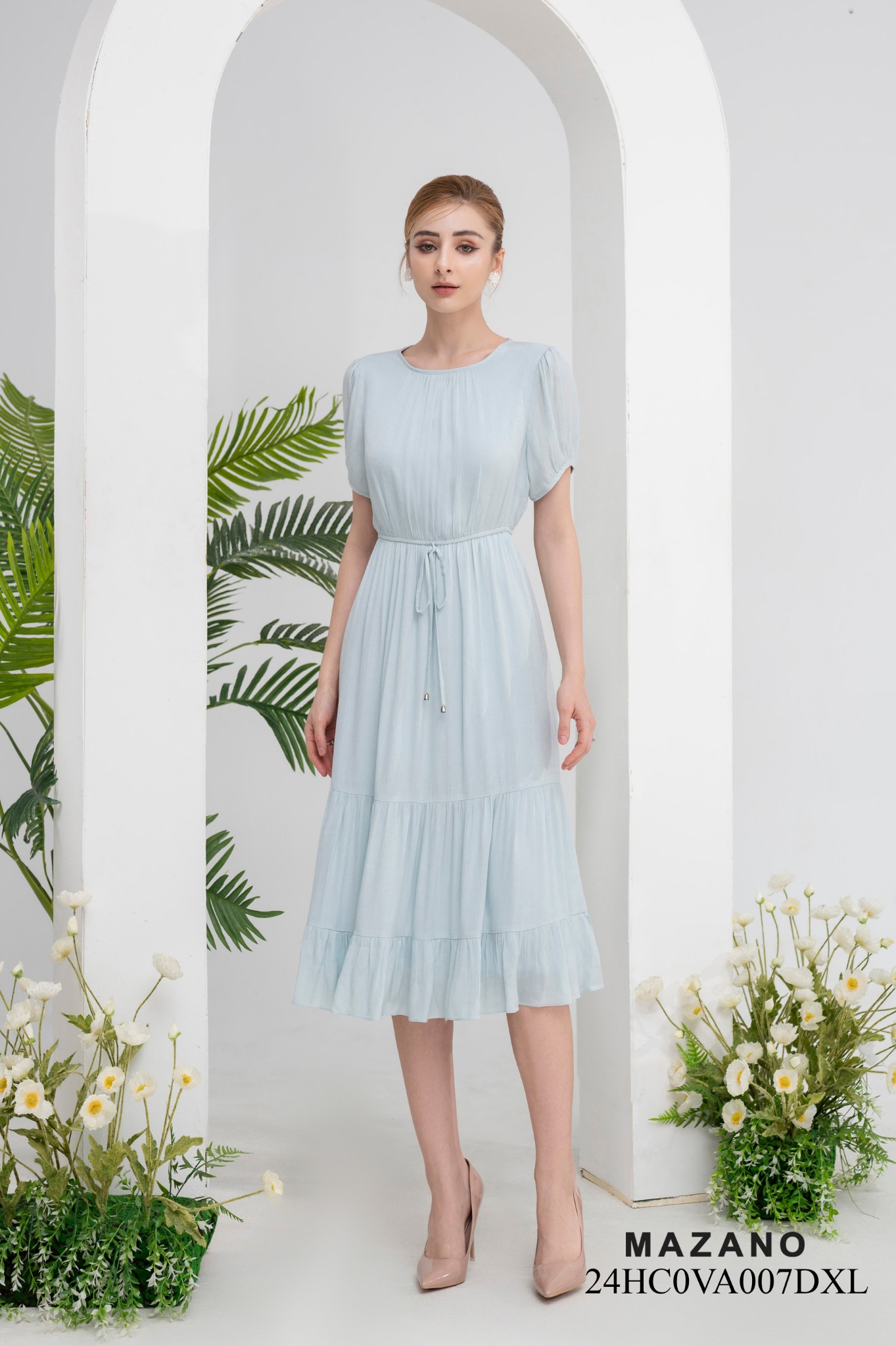 Đầm dạo phố xanh pastel eo chun chân rủ tầng_thumbnail_2