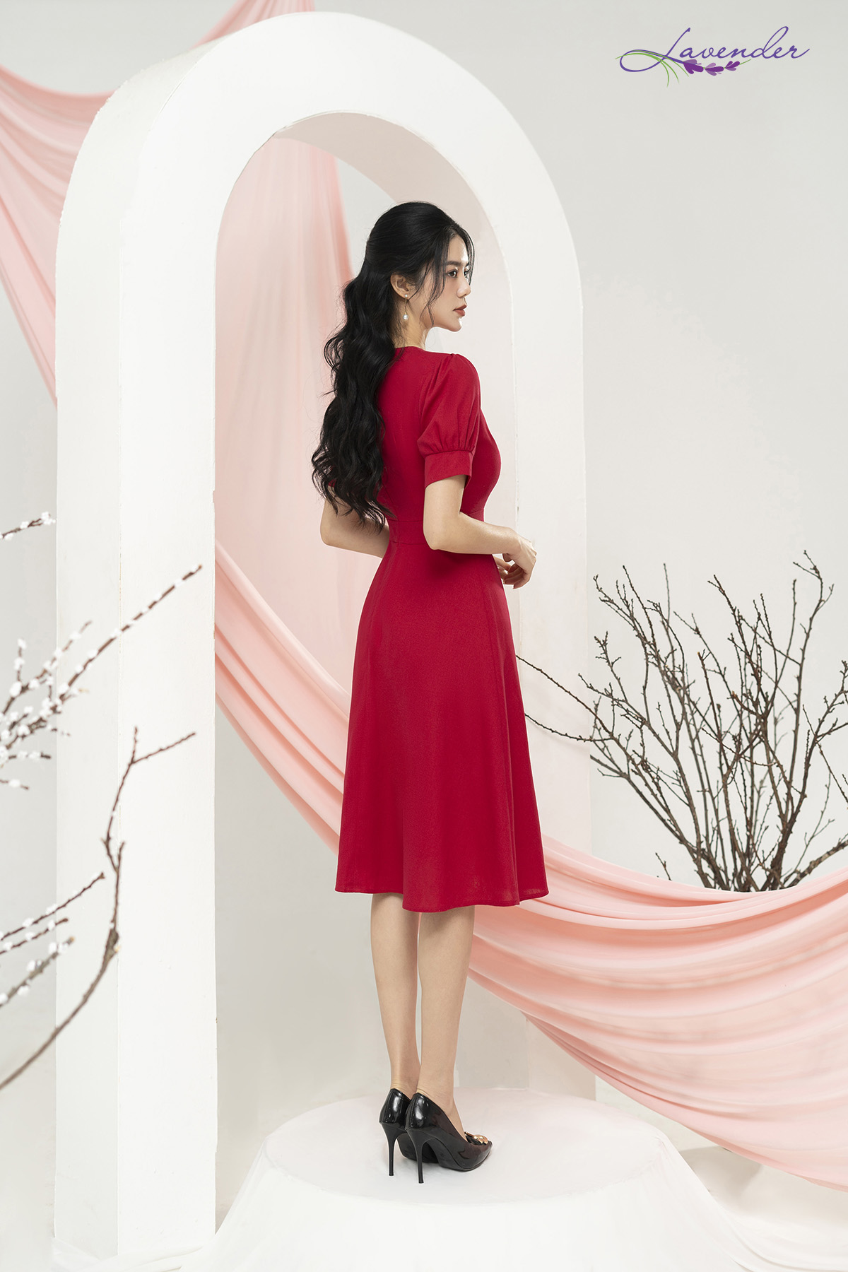 Đầm công sở dáng xòe đỏ cổ tròn đính ngọc D2999_thumbnail_3