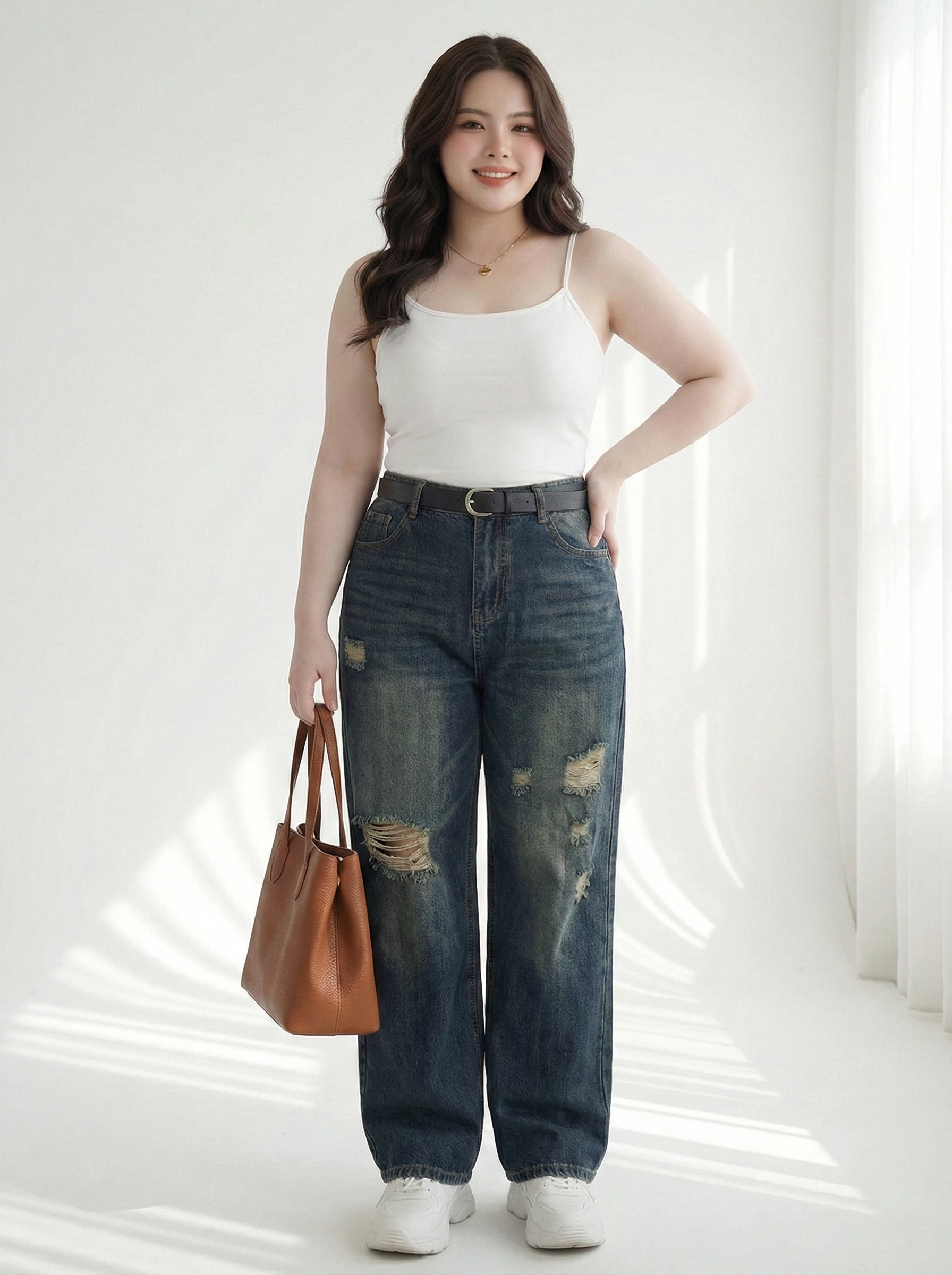 Quần jean ống suông rách kiểu lưng cao bigsize QJ364 dành cho nàng béo mập từ 55-90kg