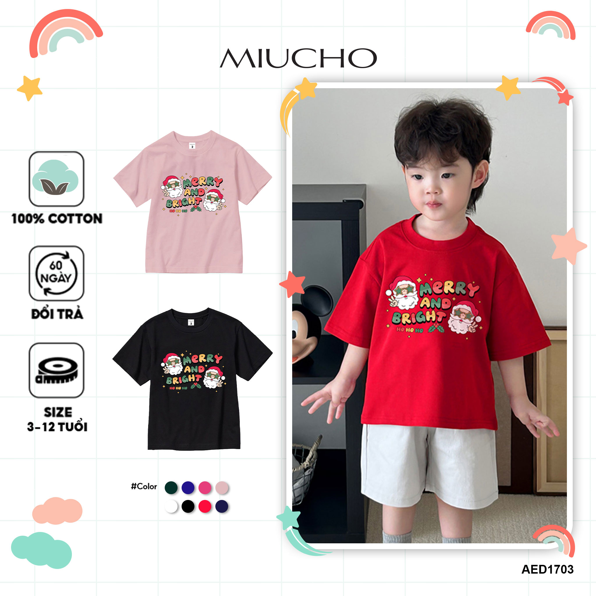 Áo thun bé trai giáng sinh noel form rộng vải cotton co giãn thoải mái AED1703 Miucho Kid in artwork