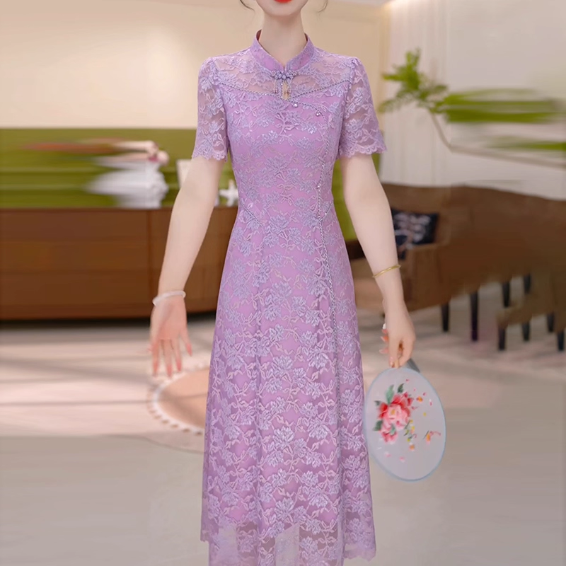 17842-Đầm suông tím  cổ tàu phối ren kết nút (ren, lót)