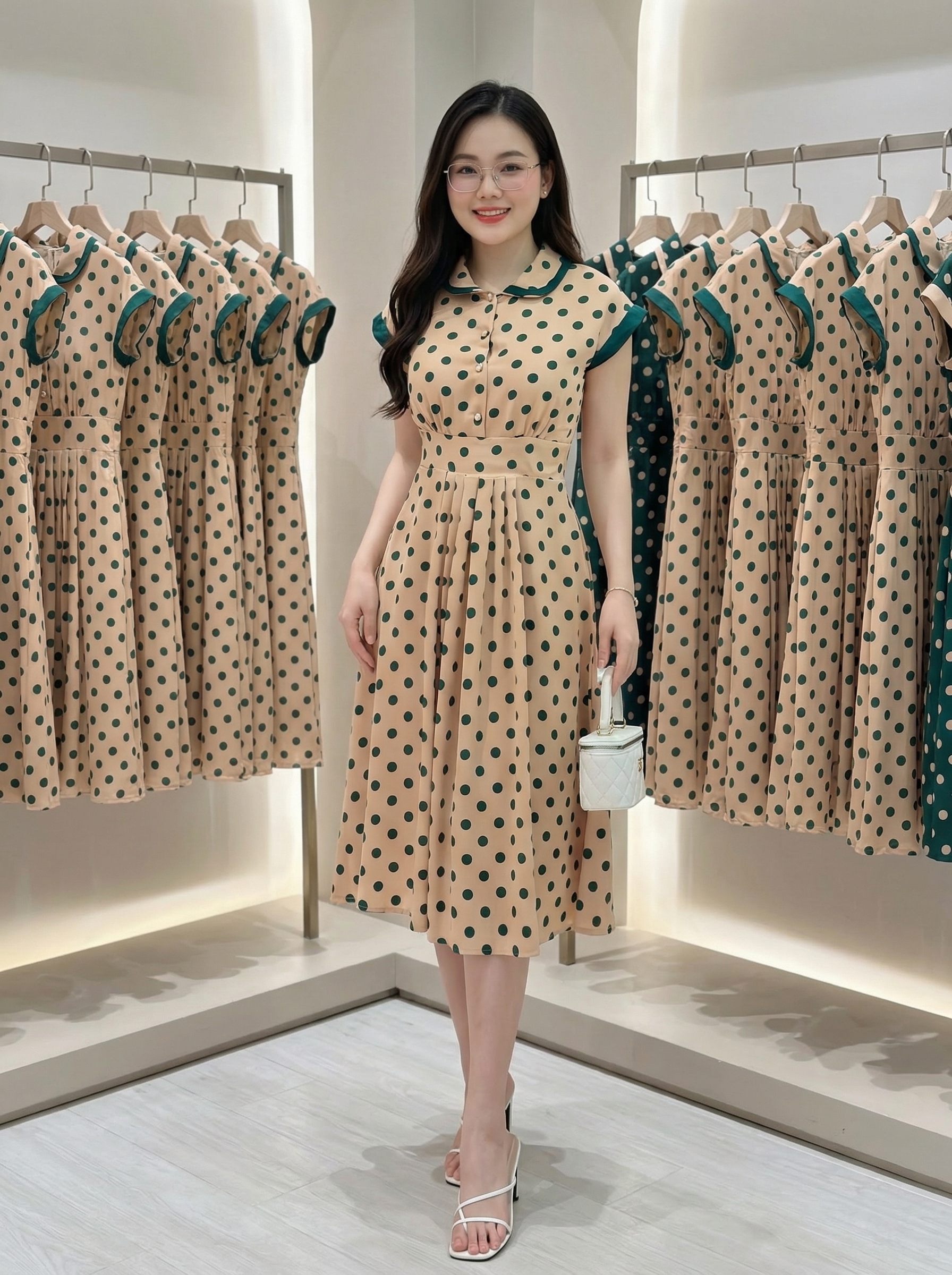 Đầm xòe họa tiết chấm bi cổ Peter cột nơ_thumbnail_2