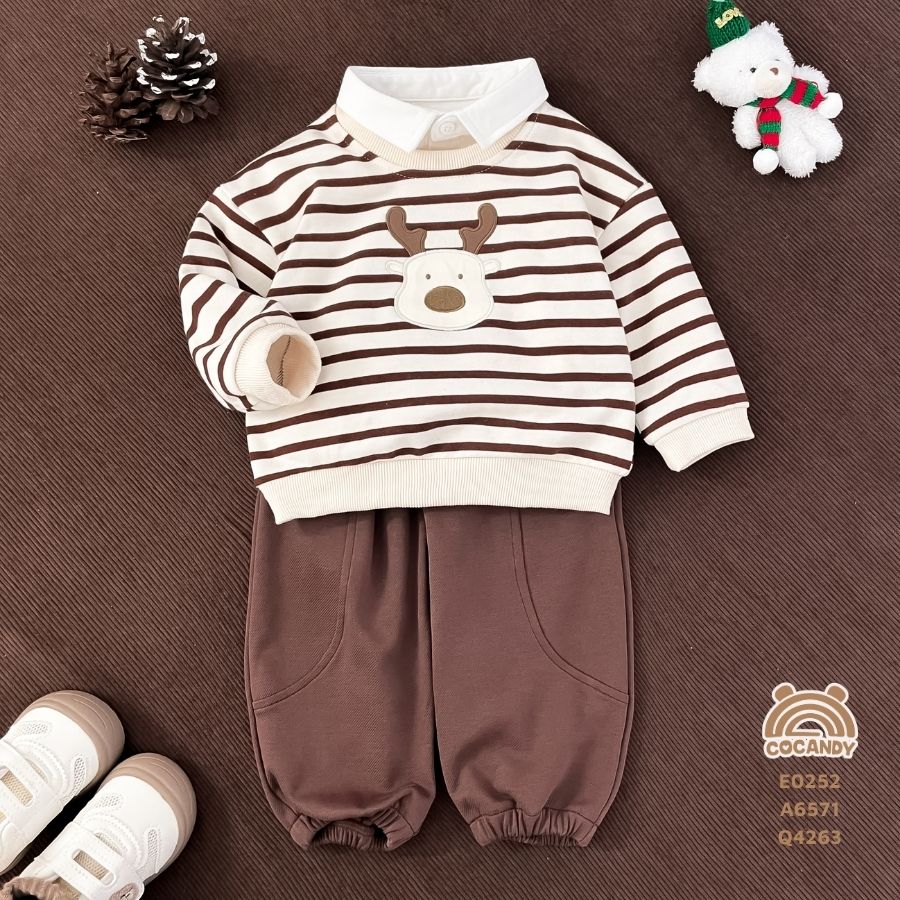 Áo dài NÂU kẻ BE phối tuần lộc