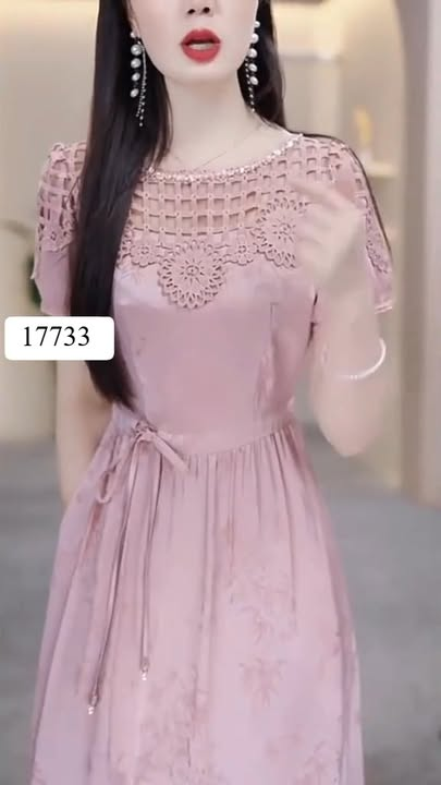 17733-Đầm xòe hồng vai phối ren thêu cách điệu ( lụa, ren)_thumbnail_0