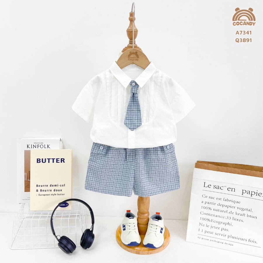 Quần cộc CARO XANH túi đáp nẹp kèm cà vạt_thumbnail_1