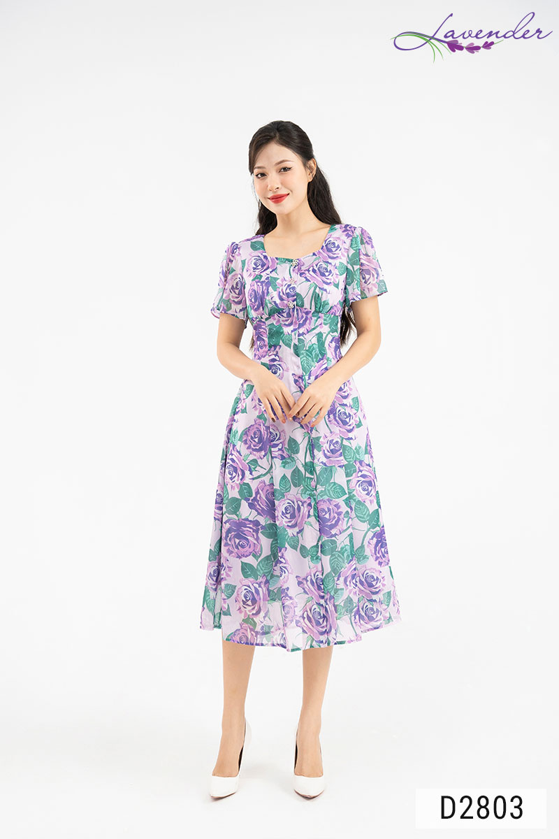 Đầm xòe hoa tím xanh Thời trang Lavender cổ vuông tay ngắn D2803_thumbnail_3
