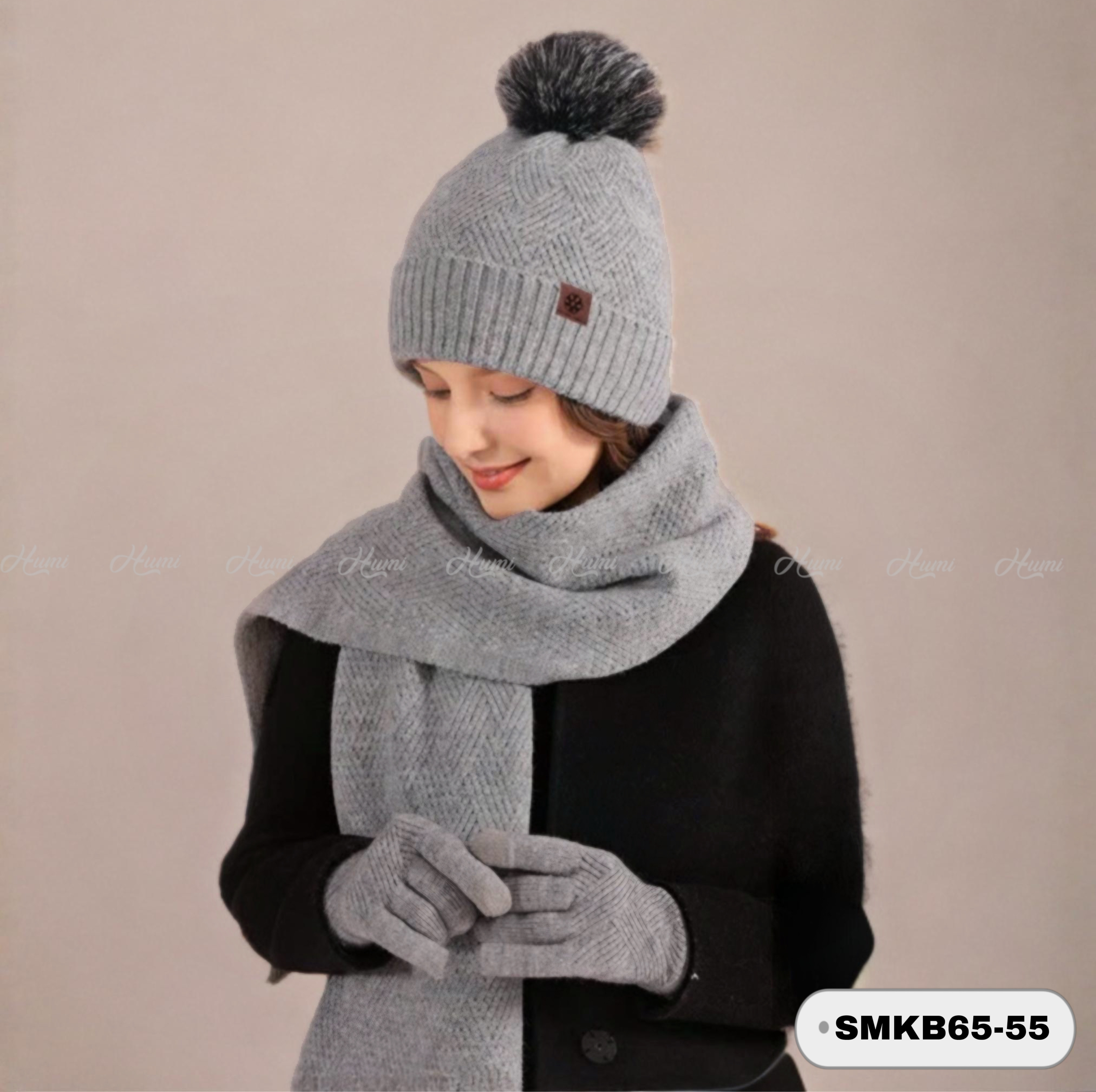 BỘ MŨ + KHĂN DÀI + GĂNG TAY CHO NỮ (SMKB65-55 GHI)