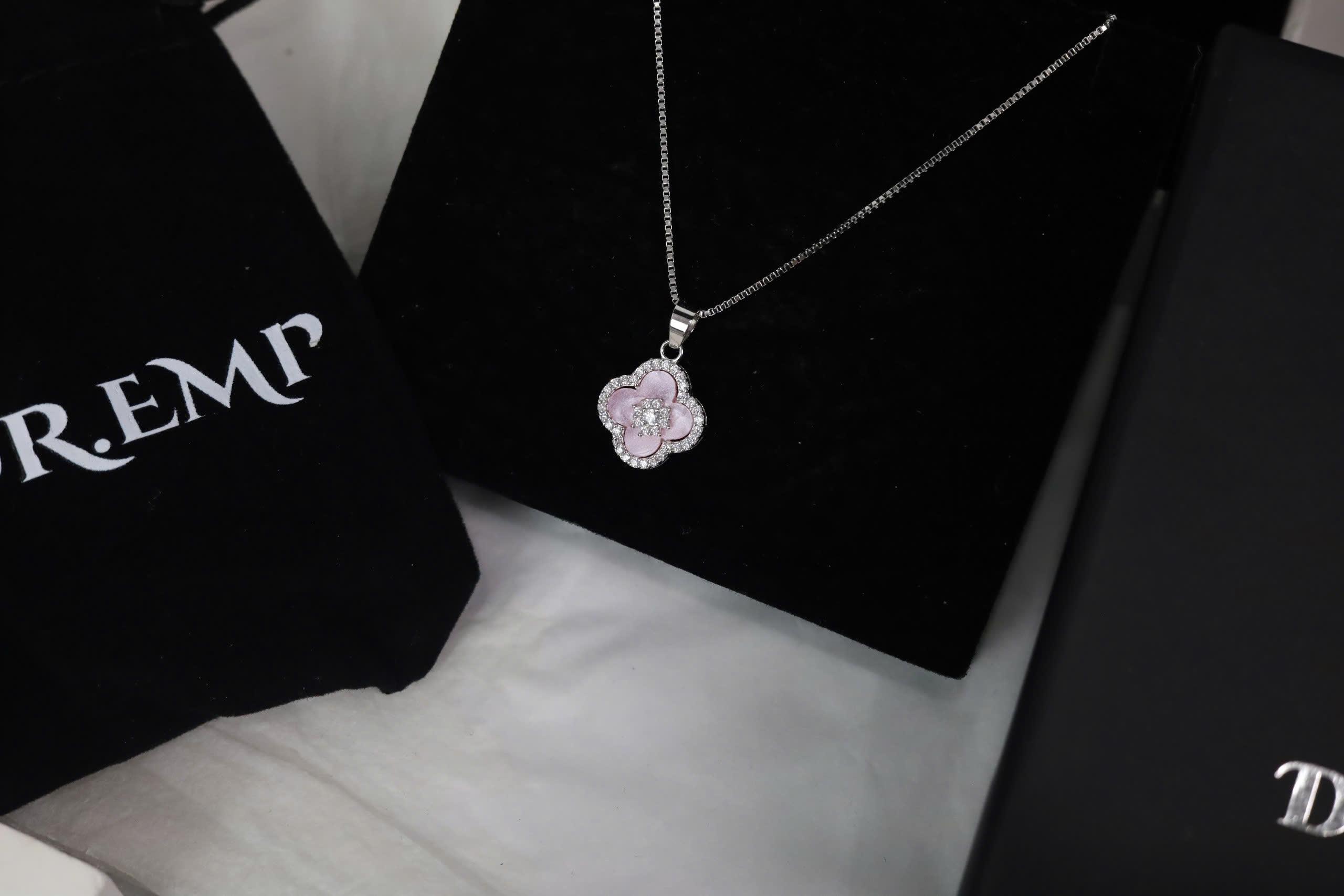 Vòng cổ bạc xi kim 4 lá xà cừ hồng xi bạch kim