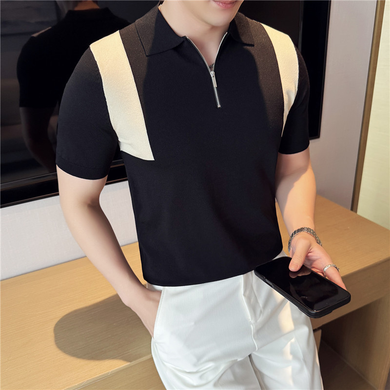 PA38 – Áo polo nam dệt kim lụa đá nửa khóa kéo, phối màu