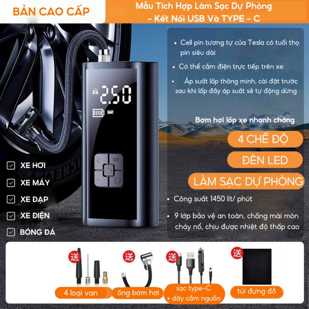 Bơm Lốp Ô tô Điện Tử NMIMART - Không Dây, Đèn Led, Sạc Dự Phòng & Động Cơ Đức BXO02._thumbnail_1
