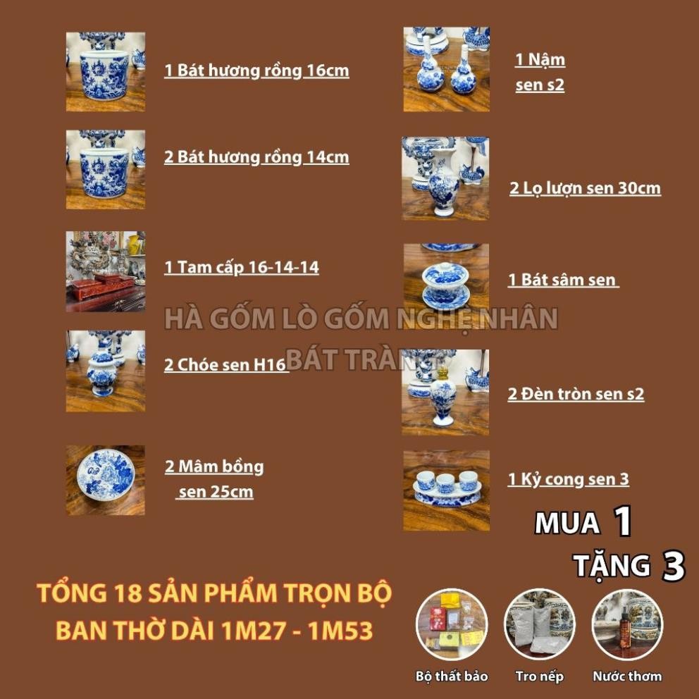 HG045 Đồ Thờ Cúng Bộ 18 món ban thờ 1M27 - 1M53 Men trắng nghệ nhân Bát Tràng chế tác TẶNG Thất Bảo, Tro Nếp_thumbnail_1
