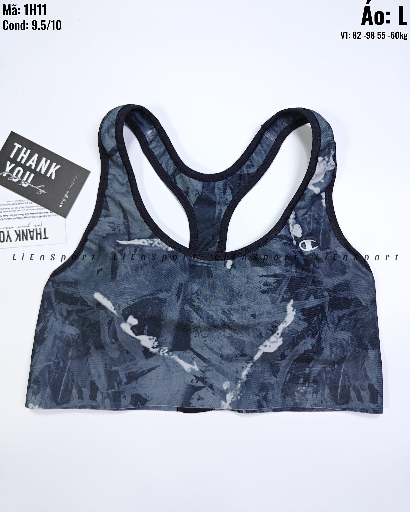 Champion Áo bra thể thao lưng chữ X Nữ Size L Xám đen loang trắng Auth 2nd Co giãn tốt Thấm hút mồ hôi Dáng ôm sát Phù hợp gym yoga chạy bộ Logo ép nhiệt Mã:1H11