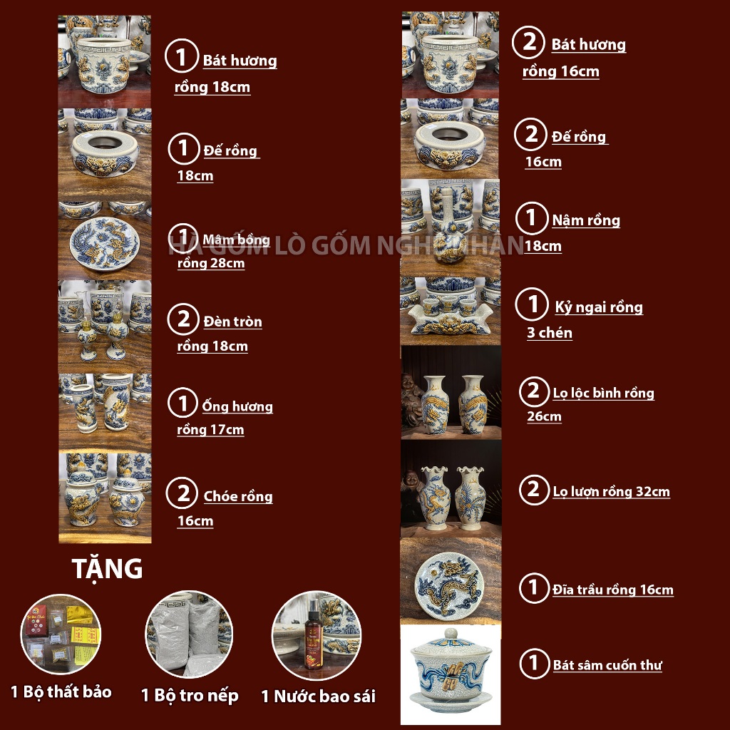 Bộ 23 Món Đồ Thờ Cúng Ban Thờ dài 1m4,1m7 TẶNG Thất Bảo, Tro Nếp, NướcThơm Men rạn đắp nổi Bát Tràng_thumbnail_1