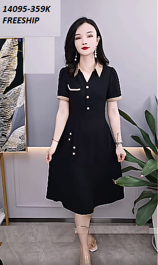 14095-Đầm xòe cổ bẻ phối viền nâu kết nút (thun mịn,viền amafu nâu)FREESHIP_thumbnail_0