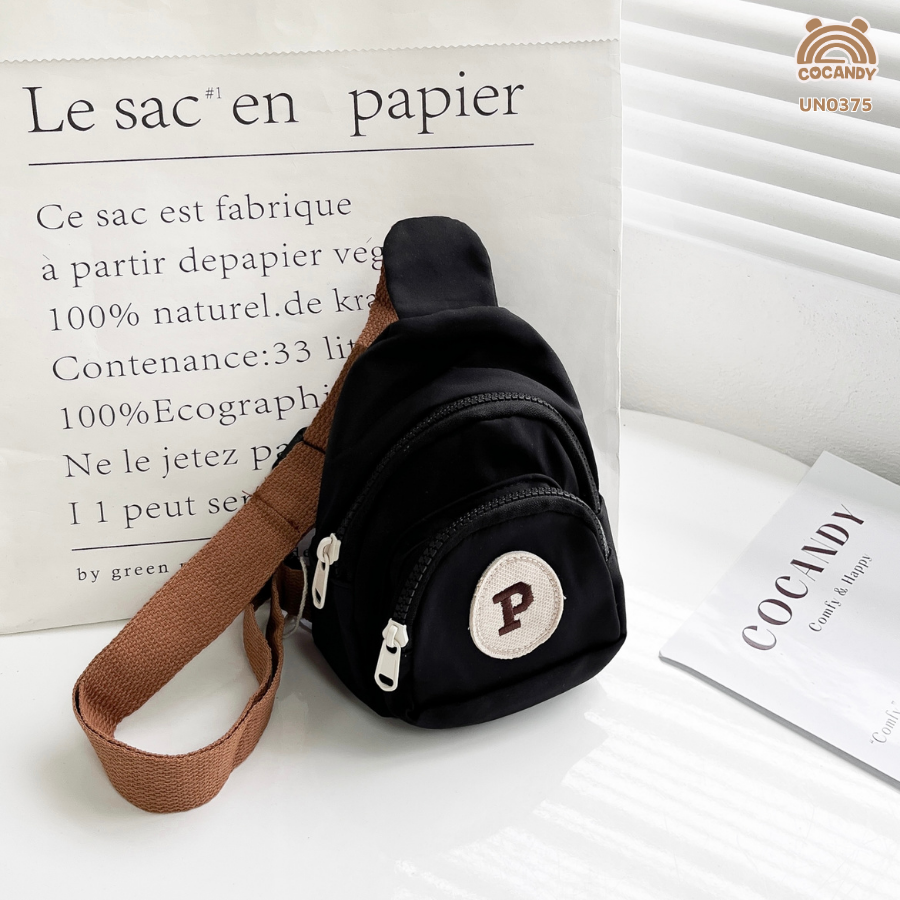 Túi chữ R ĐEN quai NÂU