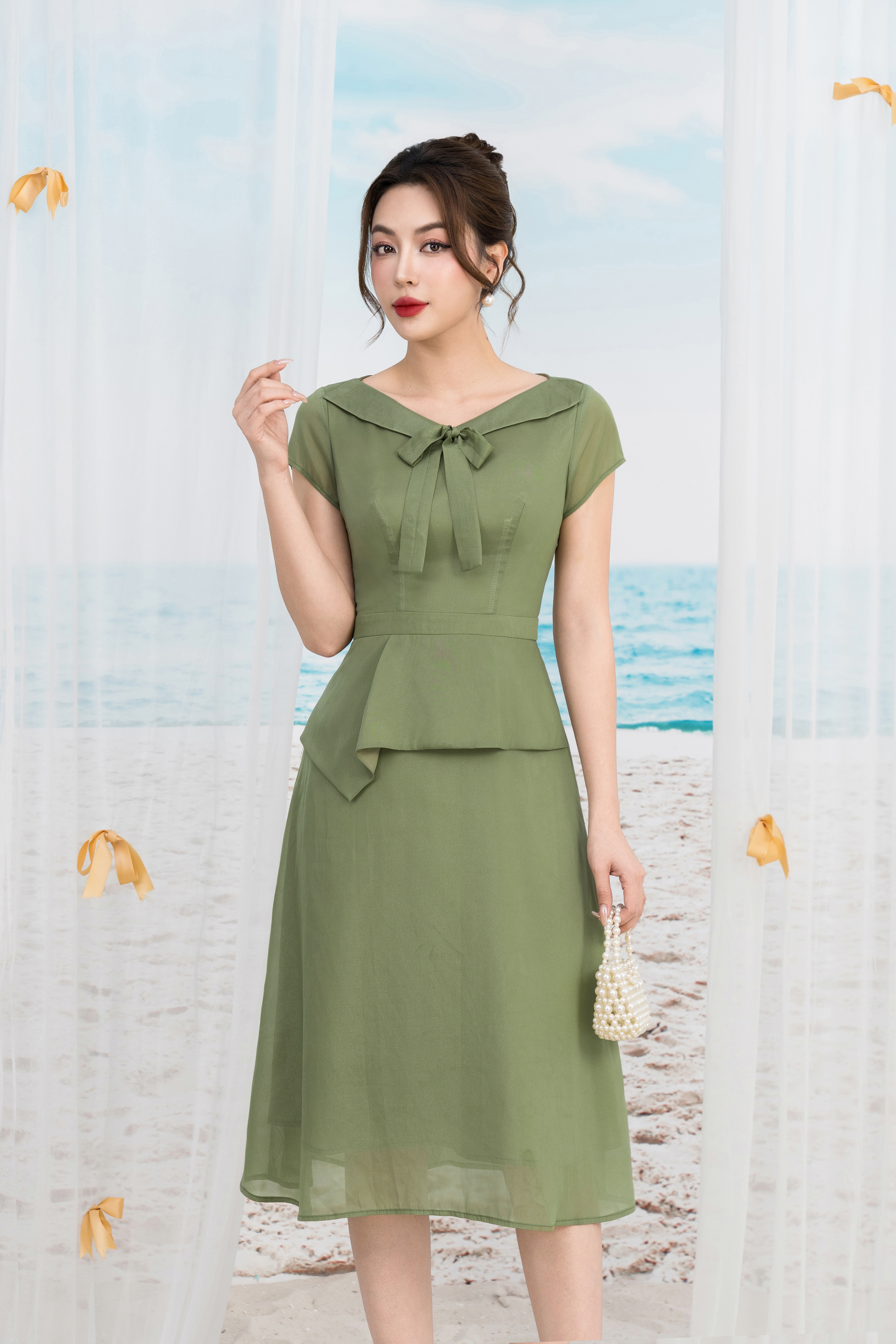 Đầm xoè peplum xanh cổ nơ cách điệu_thumbnail_0