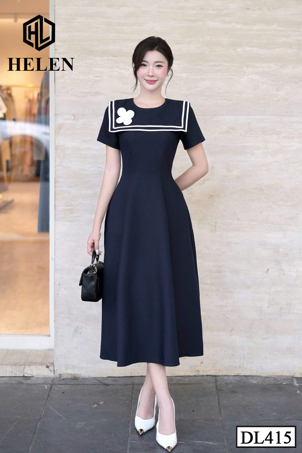 Đầm xòe xanh cổ vuông đính hoa DL415