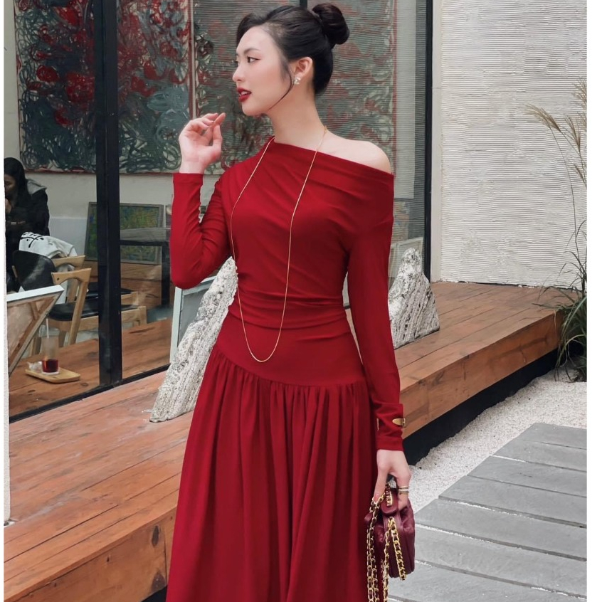 Váy đỏ lệch vai nữ nhún eo, đầm dự tiệc nữ màu đỏ, đầm thun nhún trễ vai đi tiệc sang chảnh Logastoren_ L369