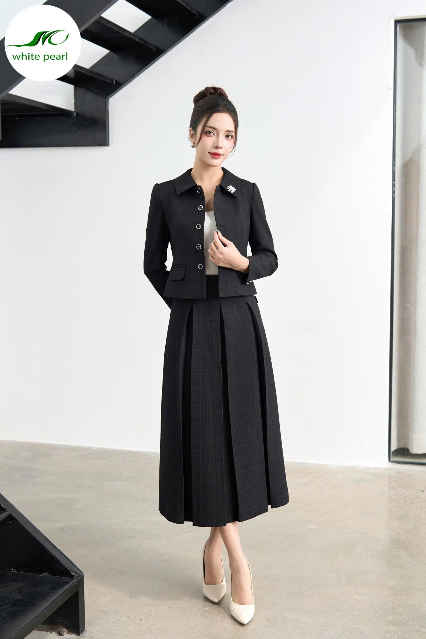 Áo vét dạ cổ sên vuông / Chân váy thời trang xoè dập ly Thời Trang Công Sở White Pearl