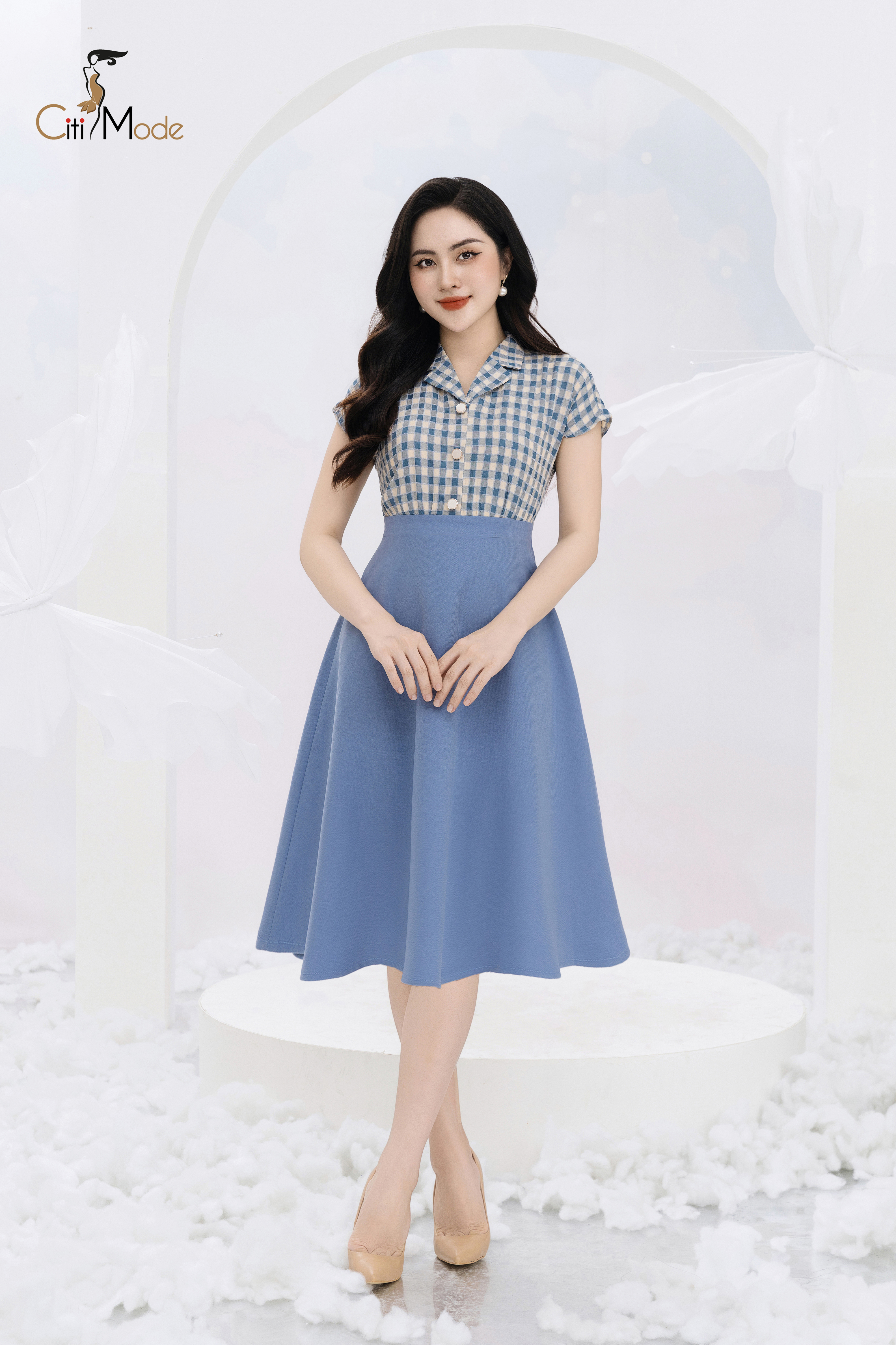 Đầm xoè xanh cổ bẻ ve phối áo caro tay hến_thumbnail_2